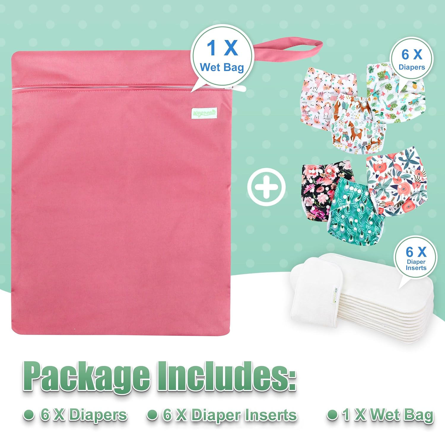 Wegreeco Washable Reusable Baby Cloth Pocket Diapers 6 Pack + 6 Inserts + 1 Wet Bag - Animals image number 2