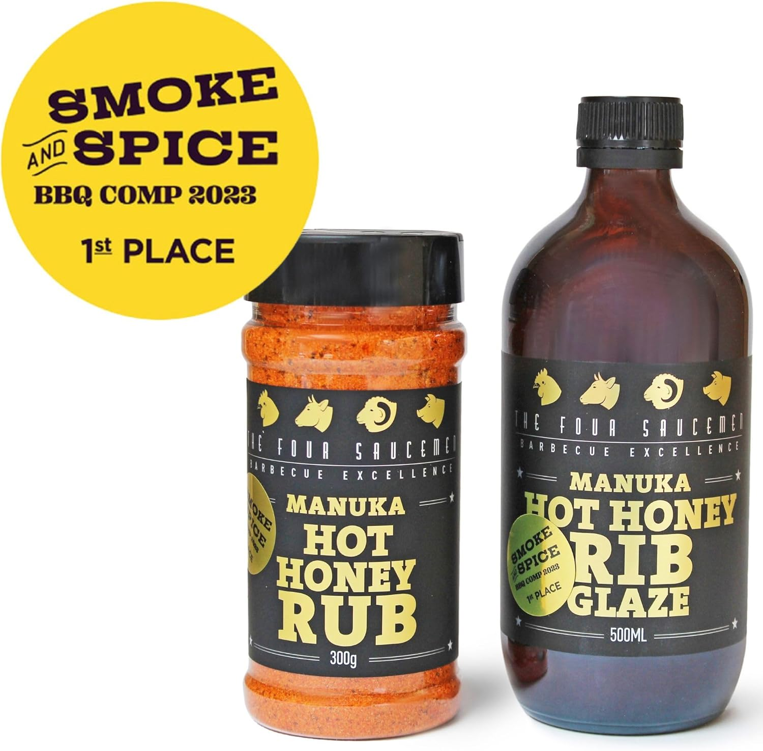The Four Saucemen New Manuka Hot Honey BBQ Pack - Award-Winning Rib Glaze 500Ml & Rub 300G Shaker Jar Combo for Chicken & Pork
