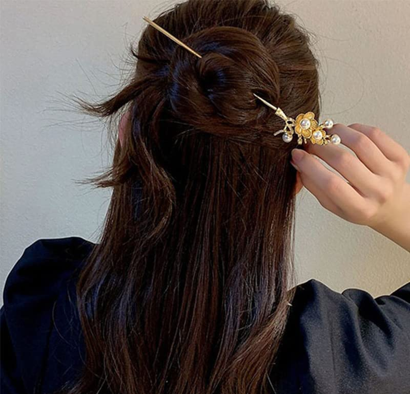 Pearls Hair Stick Pins Chopsticks for Hair Accessories for Women Girls Gold Flower Chinese Hairpin Hair Sticks for Buns Chinese Wedding Hair Pins for Women image number 1