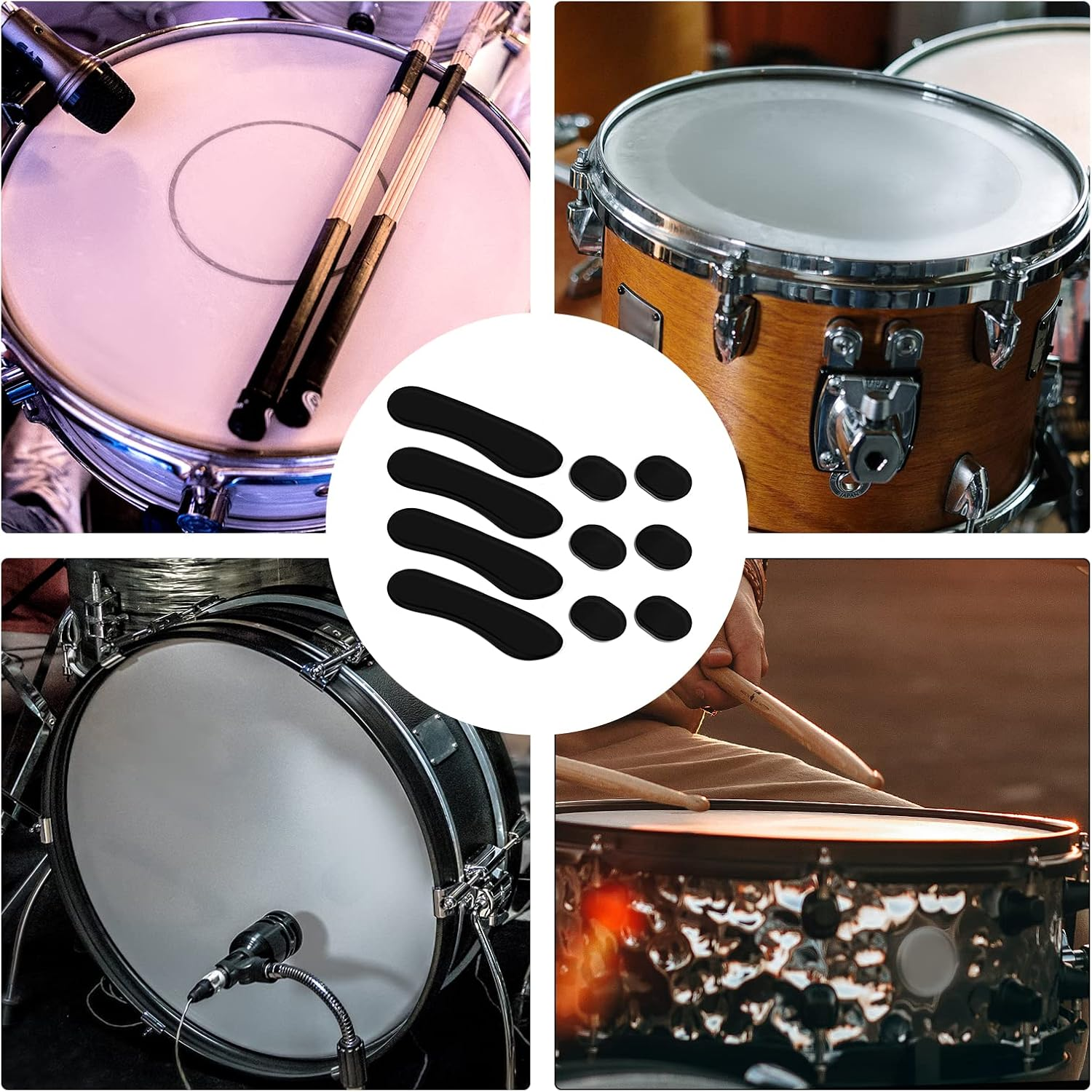 LUTER 10Pcs Drum Dampener Gel Pads, Soft Silicone Oval and Long Strip Drum Silencers Pads Set Moon Gels Damper Drum Dampening Pads Tone Control for Drums Head Cymbal (Black)