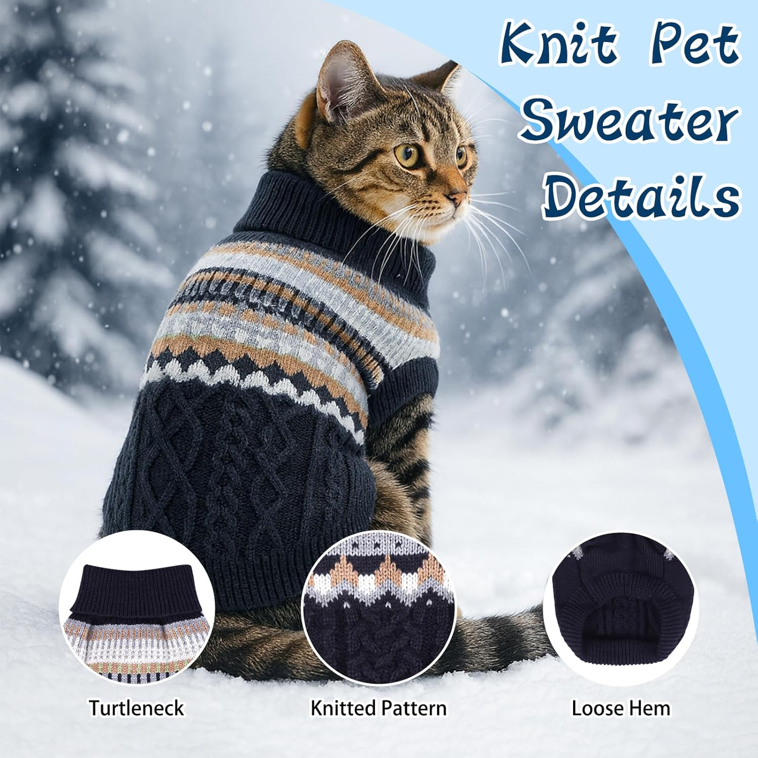 Fnaobai Knit Dog Sweater Turtleneck Cat Cold Weather Pullover Pet Vintage Cable Thick Warm Winter Clothes for X Small Dogs Cats Medium Pug Dachshund Yorkie (Navy, Medium) image number 3