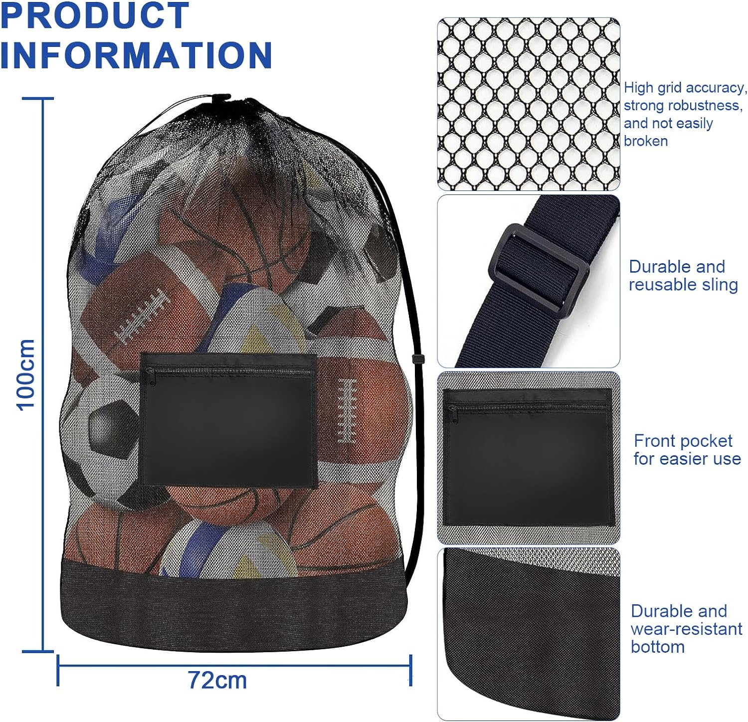 Ball Storage, Large-Capacity Ball Bag, Mesh Drawstring Football Storage Bag, Sports Equipment Bag with Shoulder Strap, with Slip Pocket, Can Be Used for Basketball, Football, Volleyball, 30*40 Inches image number 4