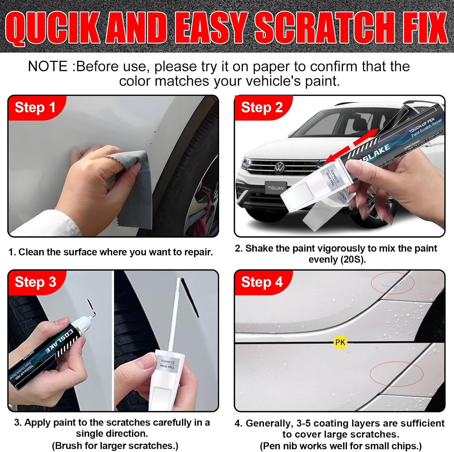 Car Touch up Paint(Pure White(Lc9A/0Q)) for Volkswagen, Car Paint Scratch Repair Kit, Quick & Easy Solution to Repair, 2 in 1 Scratch Remover Pen with 2PCS Disposable Micro Applicators image number 2