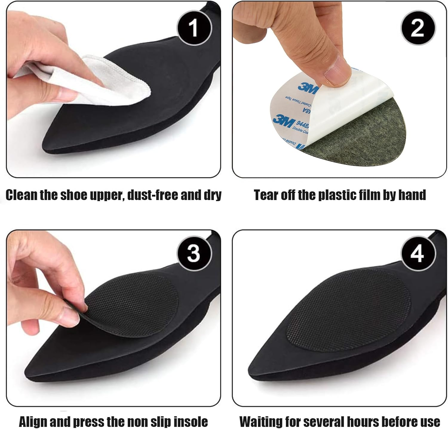 4 Pairs Non-Slip Shoe Pads，Adhesive Heel Grips & Sole Protectors Cover Bottoms, Anti-Slip Silicone for High Heels Noise Reduction, Universal for Women & Men (Black, Durable) image number 6