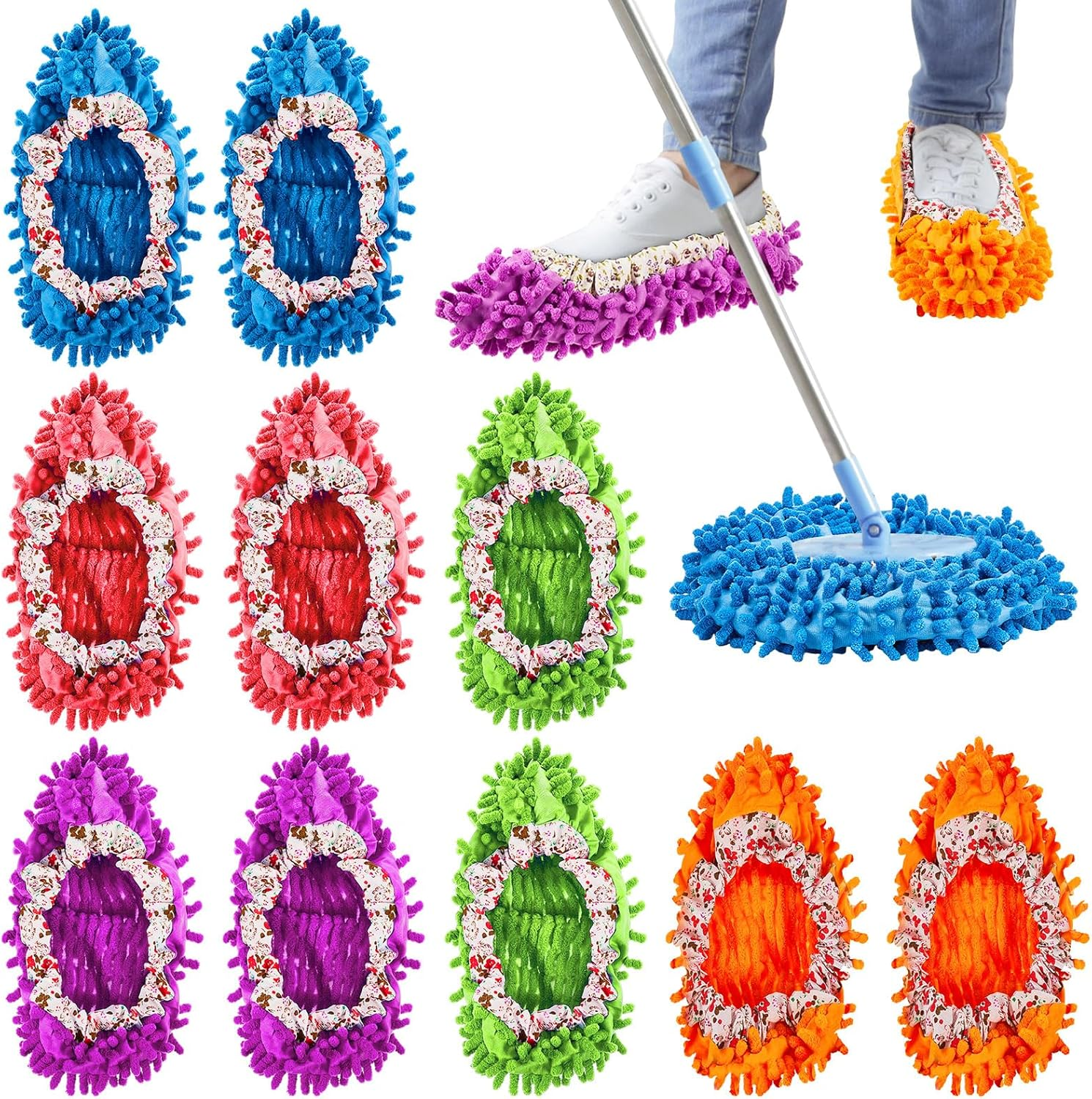 Toulite 10 Pcs 5 Pairs Mop Slippers Shoes for Floor Cleaning Washable Reusable Duster Slippers Microfiber Cleaning Socks for Cleaning Men Women Sweeper Floor Cleaning Tools for House, 5 Colors, Pink, Blue, Green, Purple, Orange, One Size image number 2
