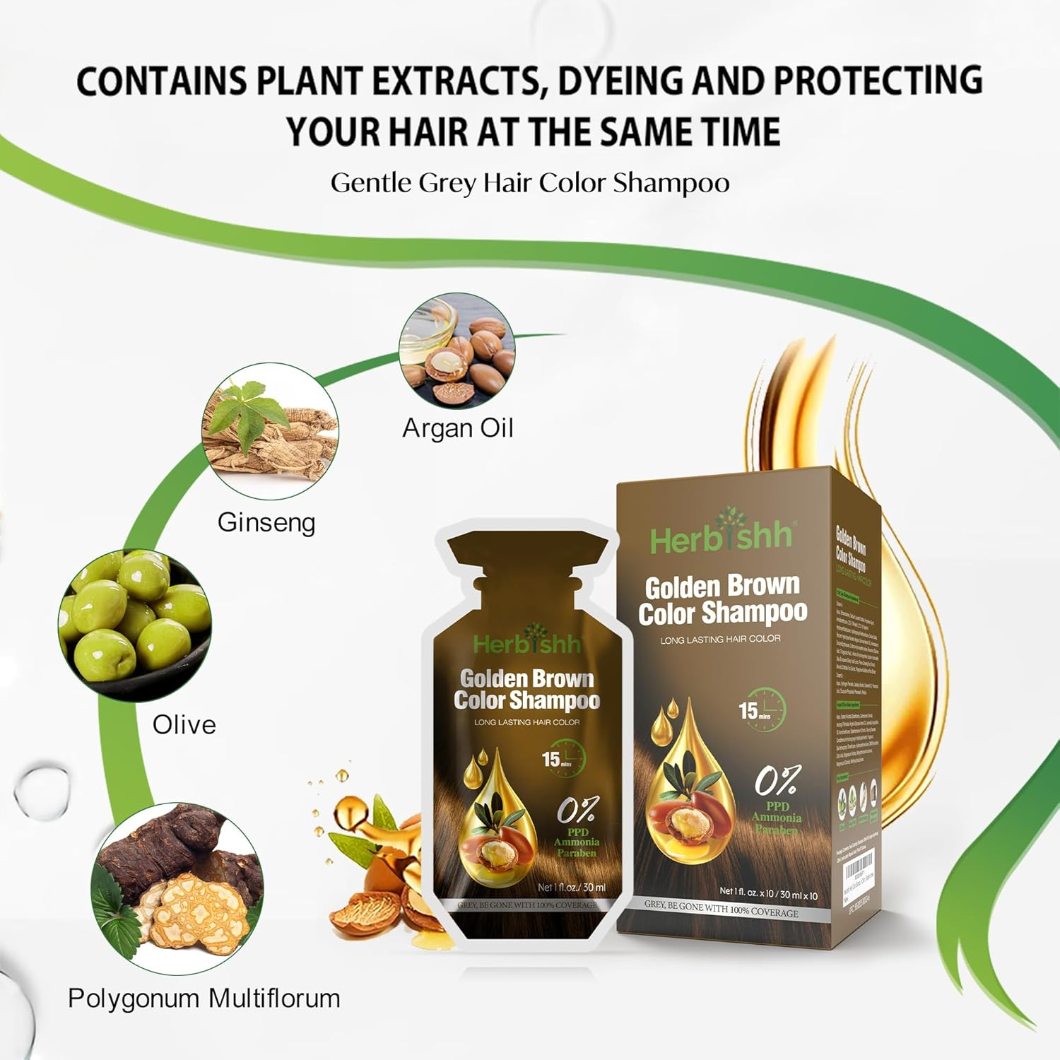 Herbishh Hair Color Shampoo 10 Sachet +1 Argan Hair Mask Pouch | 3 in 1 Hair Dye | PPD Free | Easy to Use | Gray Coverage | Travel Size | Available in 6 Colors | Long Lasting Hair Color | (Golden Brown) image number 2