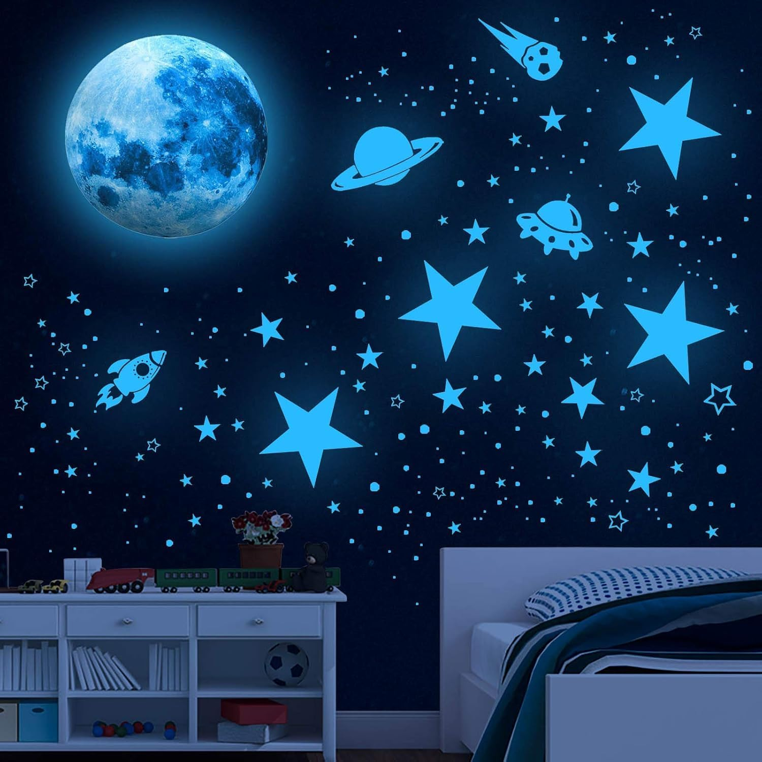 1120Pcs Glow in the Dark Stars Wall Stickers, Glow in the Dark Stars Ceiling, Moon and Star Wall Decals Planets Solar System Wall Stickers for Kids Boys for Nursery Bedroom Living Room (Blue) image number 1