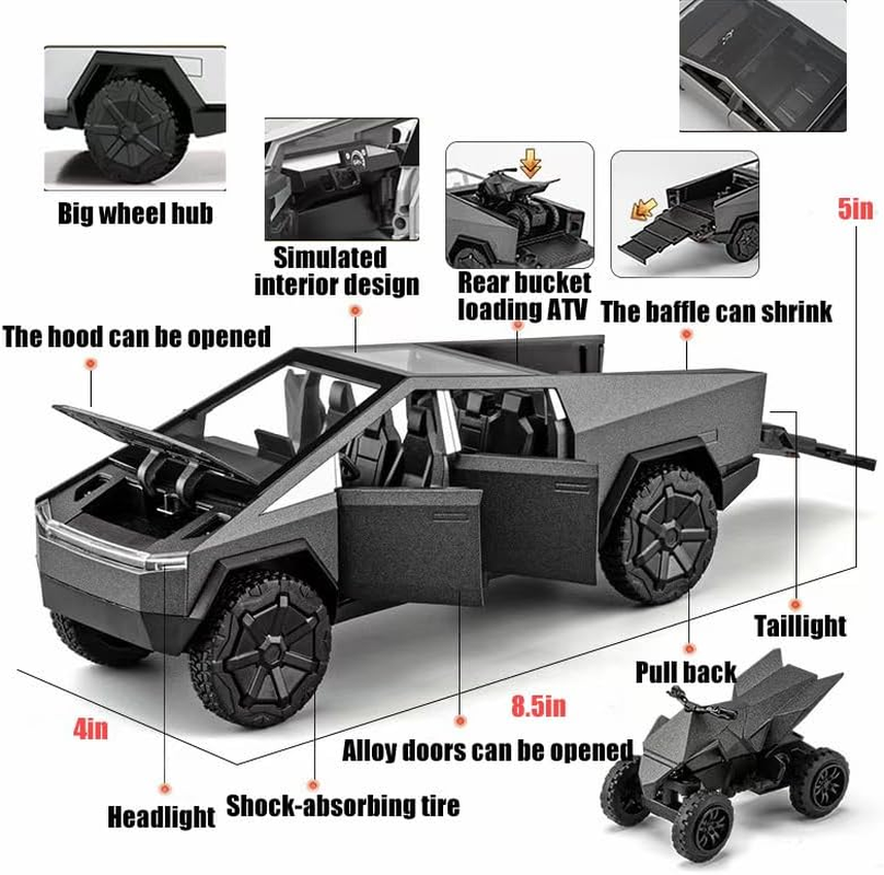 Diecast Metal Cybertruck Pickup Truck Race Car Toy with RV Motorcycle for Men Women Adult Display - Sound and Light Gift Model Y (1/32 Model 02) image number 3