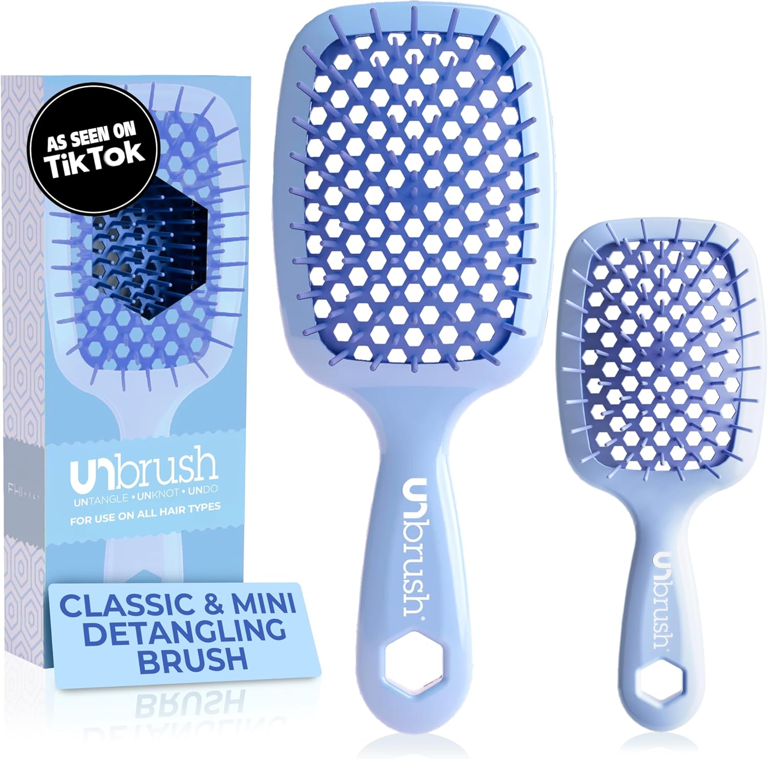 FHI HEAT Unbrush and Unbrush MINI Wet & Dry Vented Detangling Hair Brush, Periwinkle Light Blue