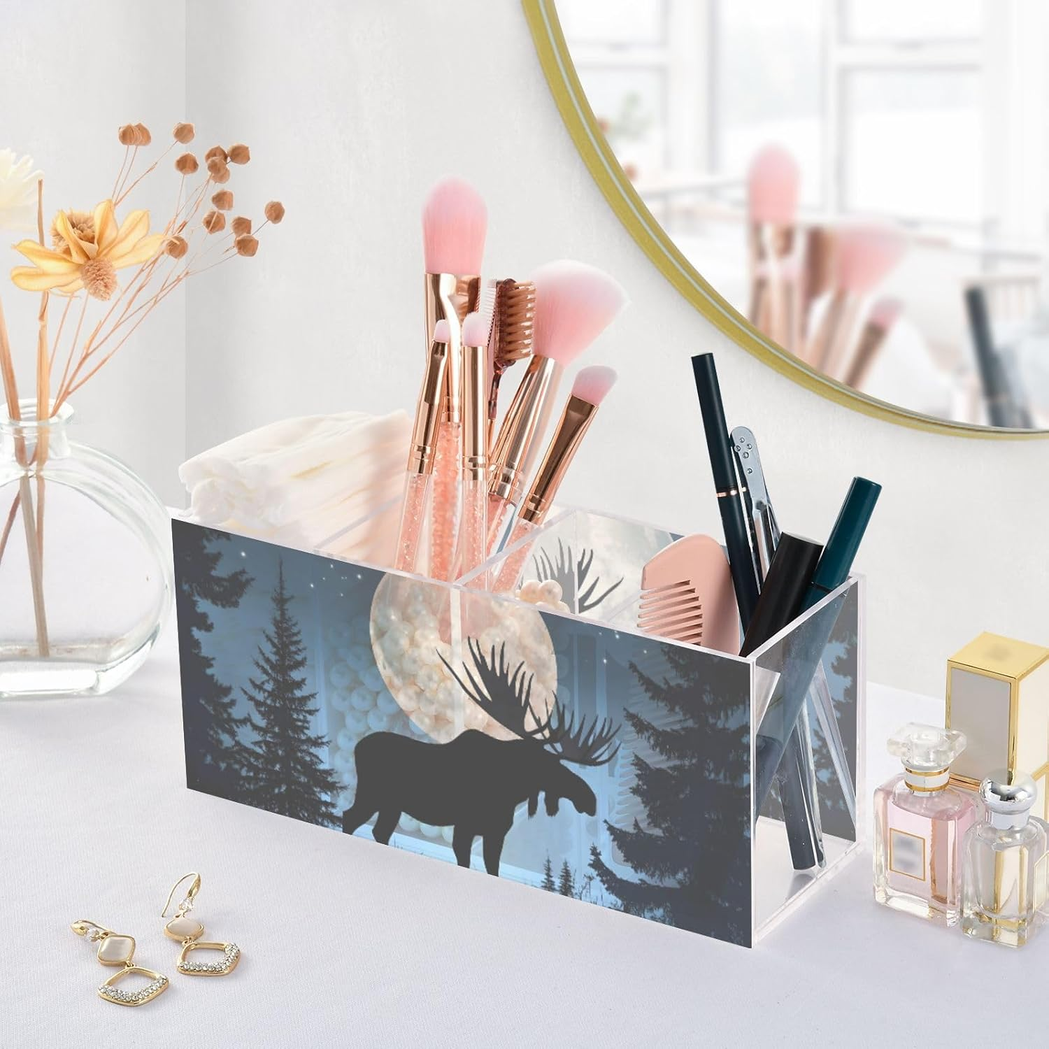Silhouette Moose Moon Acrylic Pen Holder 4 Compartments, Pencil Holder for Desk, Makeup Brush Holder, Office Desk Storage Organizer for Dorm, Home, Desk Accessories image number 6