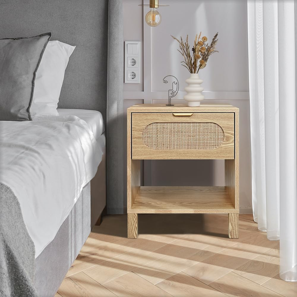 Furb Bedside Table with Storage Drawer Rattan Side End Table Small Narrow Nightstand for Living Room Bedroom Furniture, 43X38X52Cm image number 4