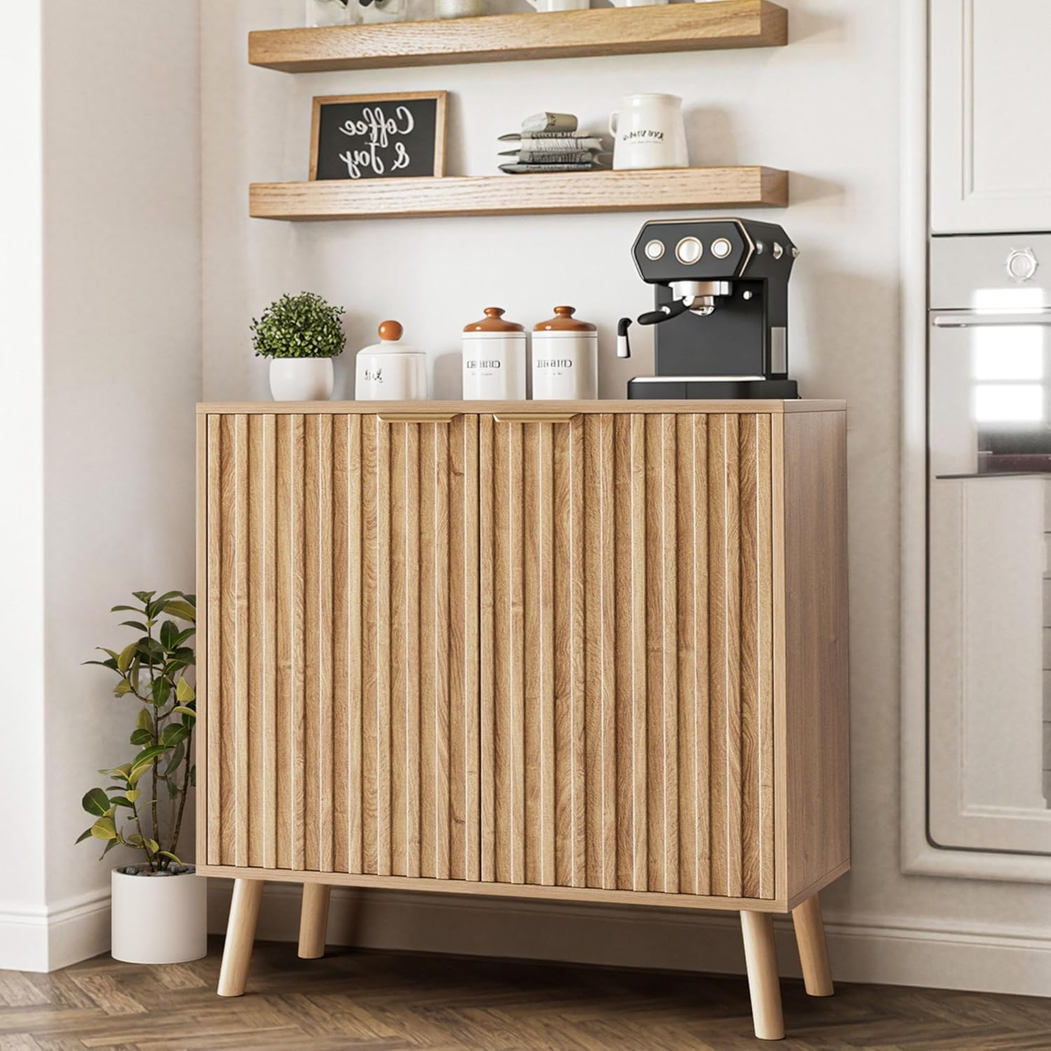 Patiopia Fluted Storage Cabinet, Buffet Cabinet with Storage, Sideboard Buffet, Multifunctional Credenza, Wood Sideboard with Adjustable Shelves, Natural