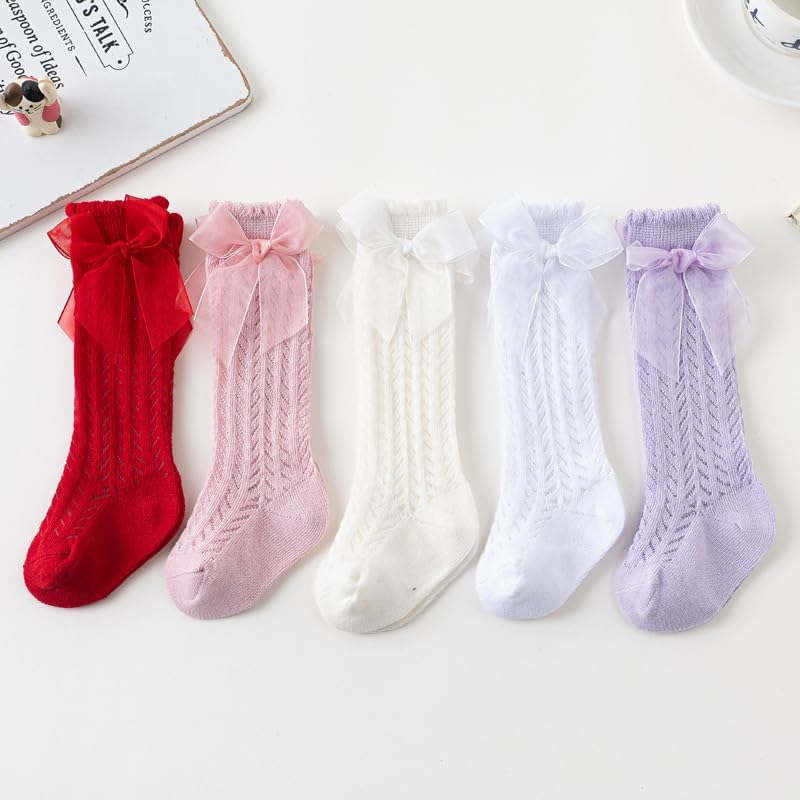 Baby Girls Knee with Bows Baby Girls Knee High Socks the Hollow Out Anti-Skid Knitting Sock image number 4
