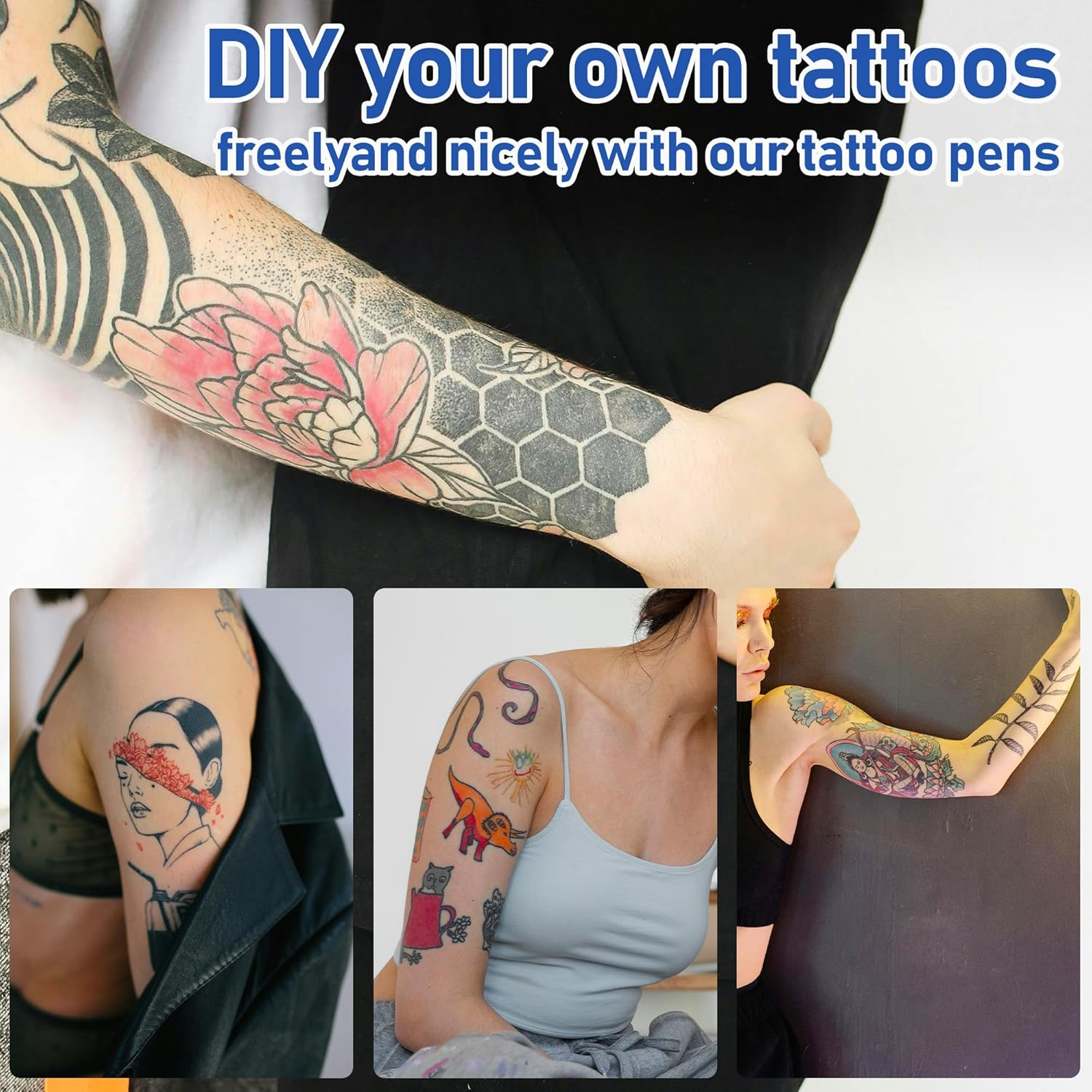 YUNAI Temporary Tattoos Markers for Skin, Tattoo Pen Kit with 10 Body Tattoos Pens 5 Tattoo Stencils 2 Tattoos Stickers for Adults, Fine Tip, Assorted Bright Colors image number 4