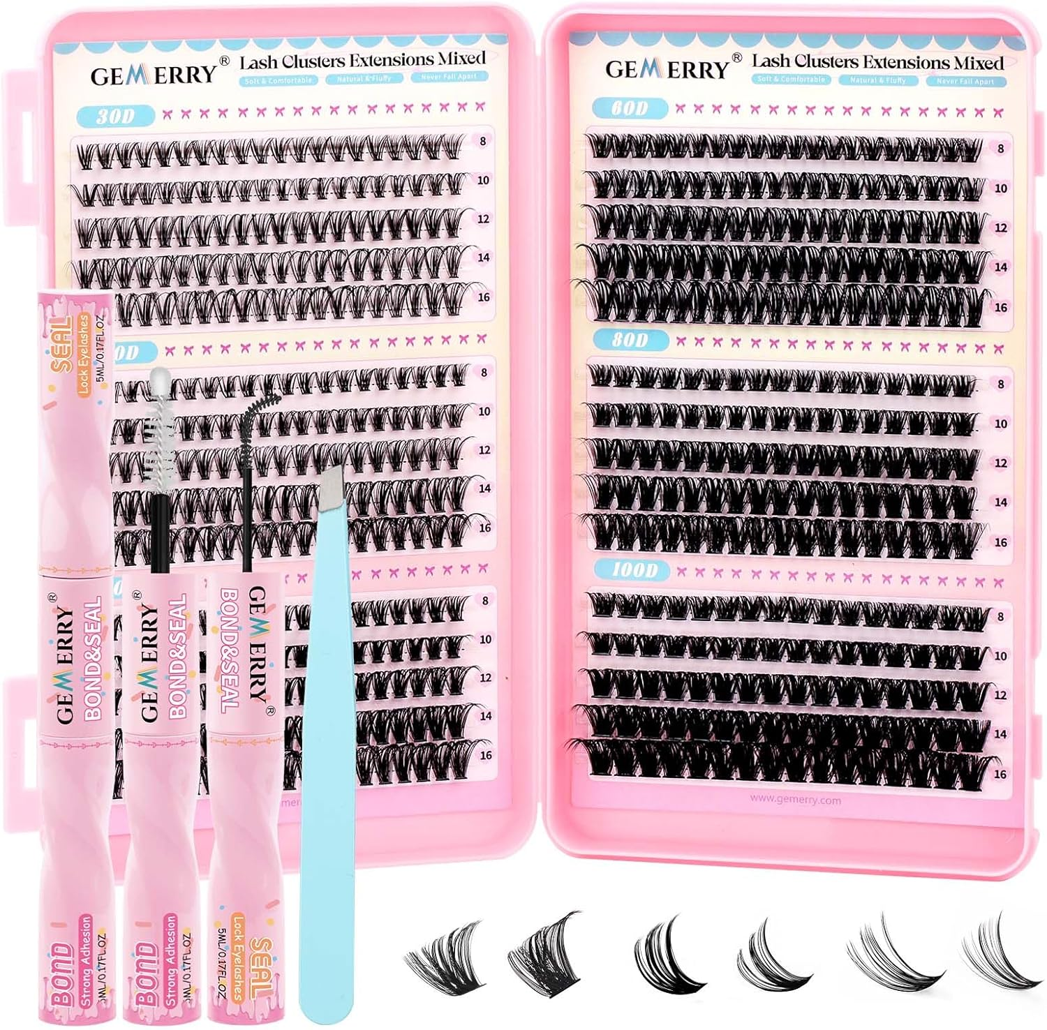GEMERRY False Eyelashes Individual 30D+40D+50D+60D+80D+100D Eyelash Extension Bouquet Volume Russian Bond and Seal Applicator Clamps D Curl 8-16Mm Individual Lashes Kit
