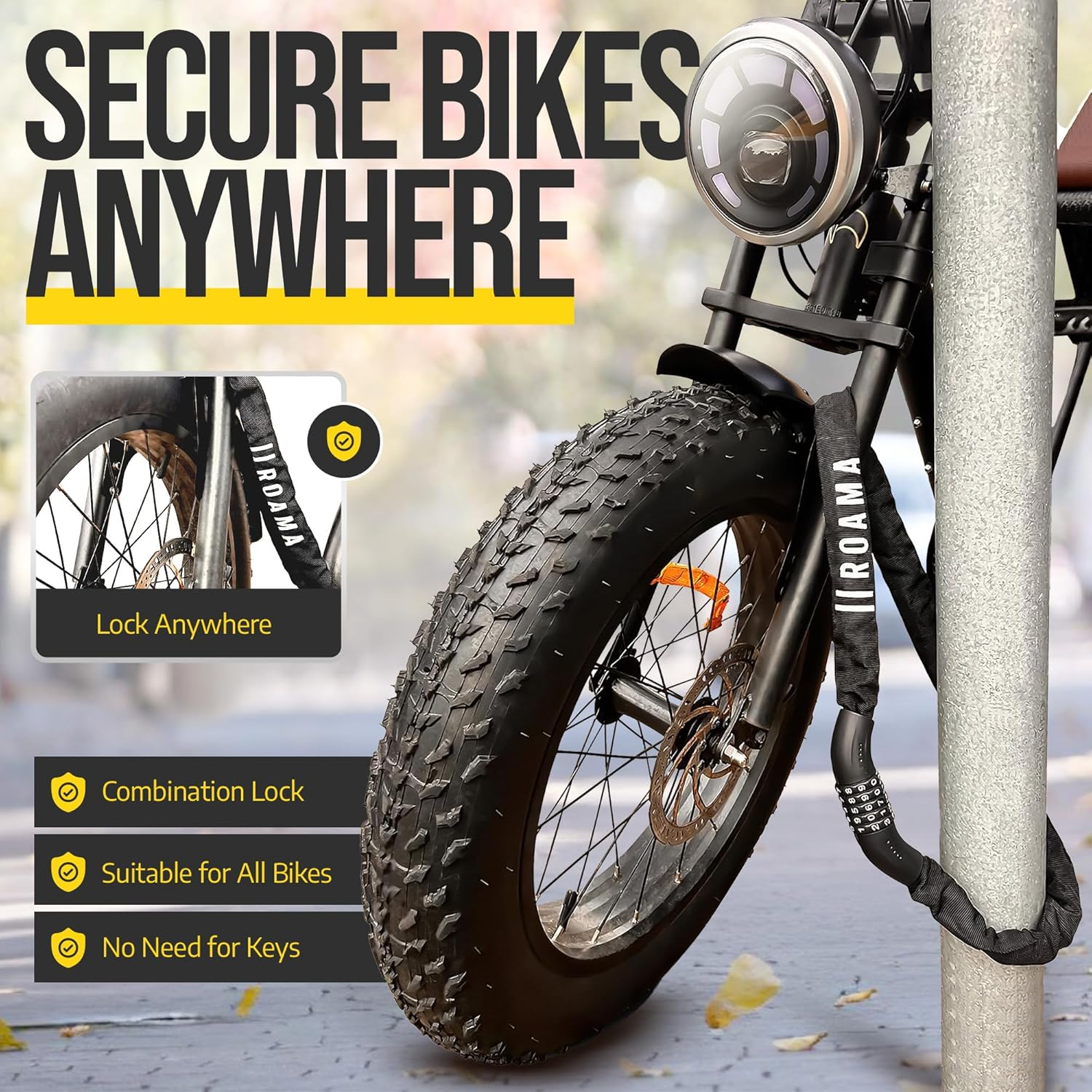 Roama 6 Mm Combination Bike Chain Lock 120 Cm Chain, Built-In Combination Lock Security, Heavy Duty Steel Links, Extra Long Length, Anti-Theft Bike Lock for Electric, Road, Dirt, Off-Road Bicycles