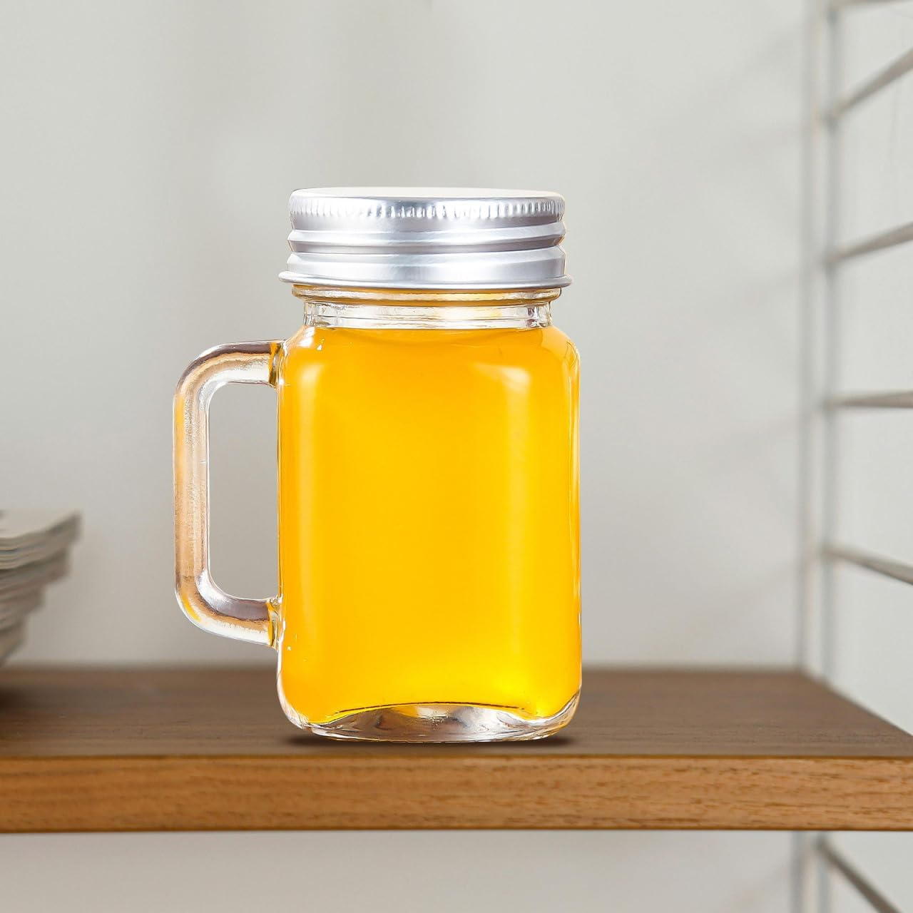 PRETYZOOM 4Pcs 120Ml/4Oz Mason Jars with Lid, Reusable Glass Shot Bottle with Handle, Leakproof Dispenser Bottle for Jam, Juice, Honey image number 1