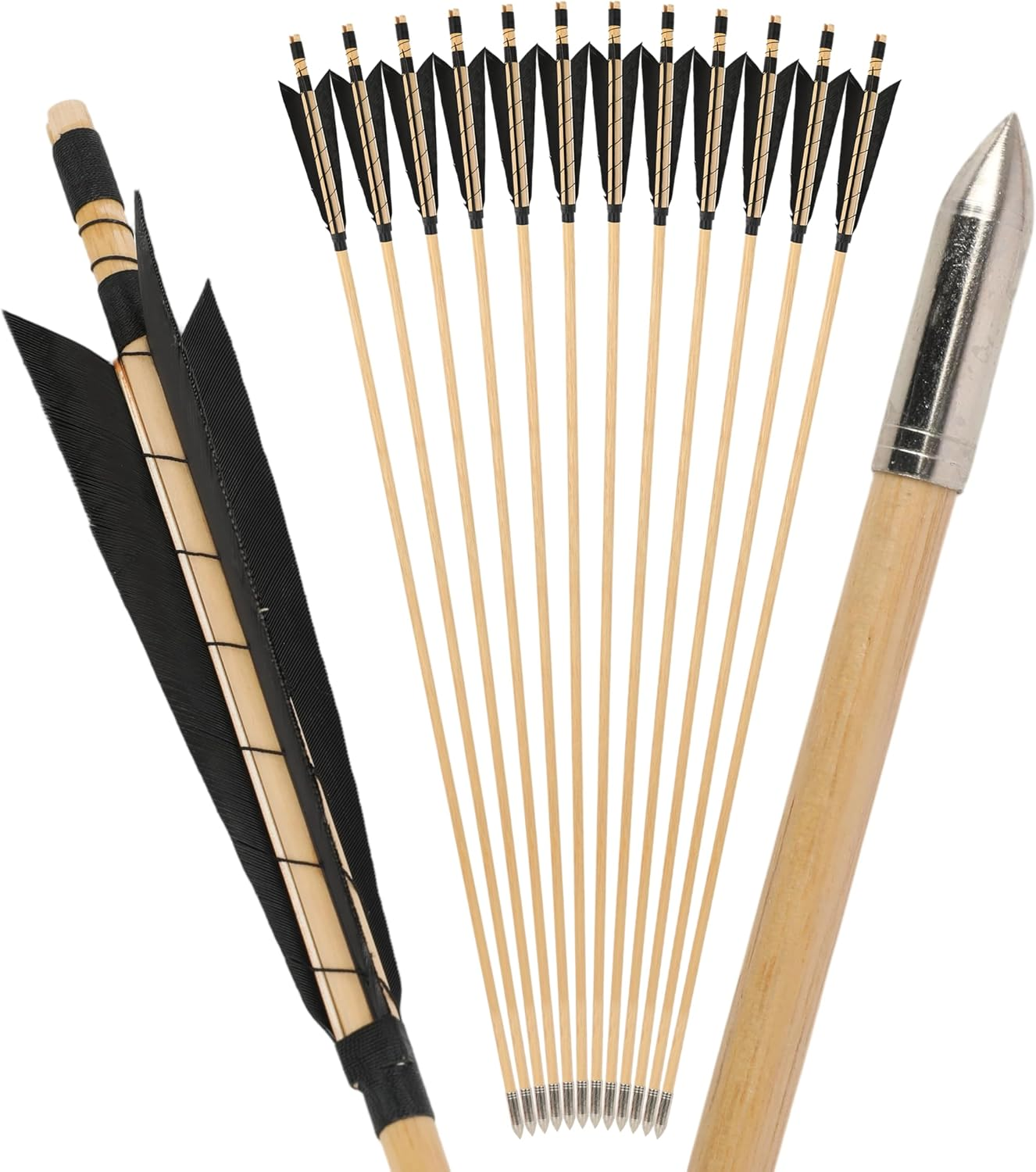 32 Inch Wooden Arrow English Longbow Arrow Target Pracrice Arrow Shaft with 5" Turkey Feather Fletching and Field Point for Recurve Bow Longbow Traditaonal Bow - 12Pcs, 3 Black