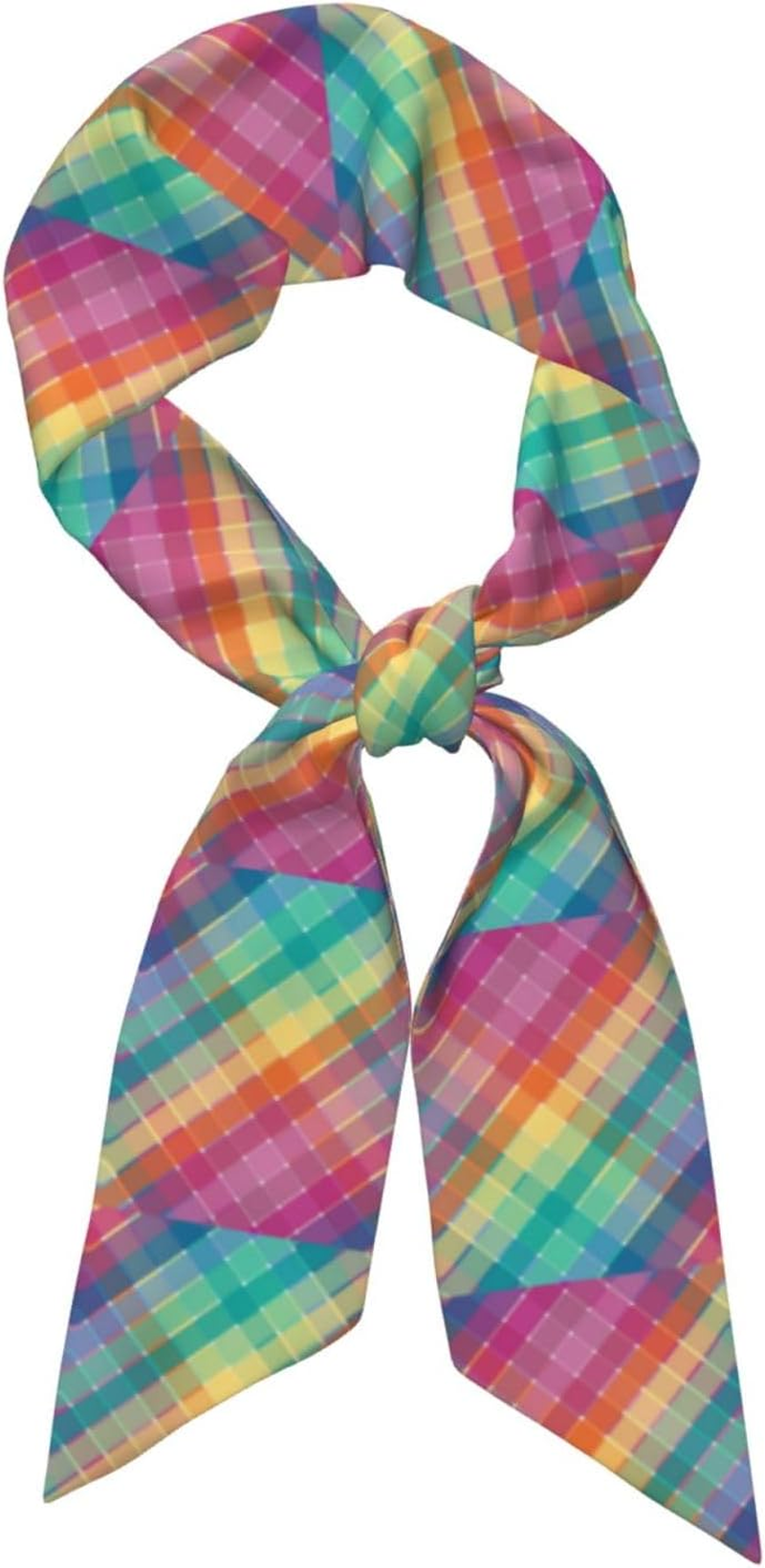 Cozimangoe Silk Scarf Bandana for Women Soft Feel Neck Head Scarf Bag Handle Wrist Tie, Travel Daily Wear Gifts, Personalized Patterns, Colorful Rainbow Multicolor Plaid Stripes image number 6