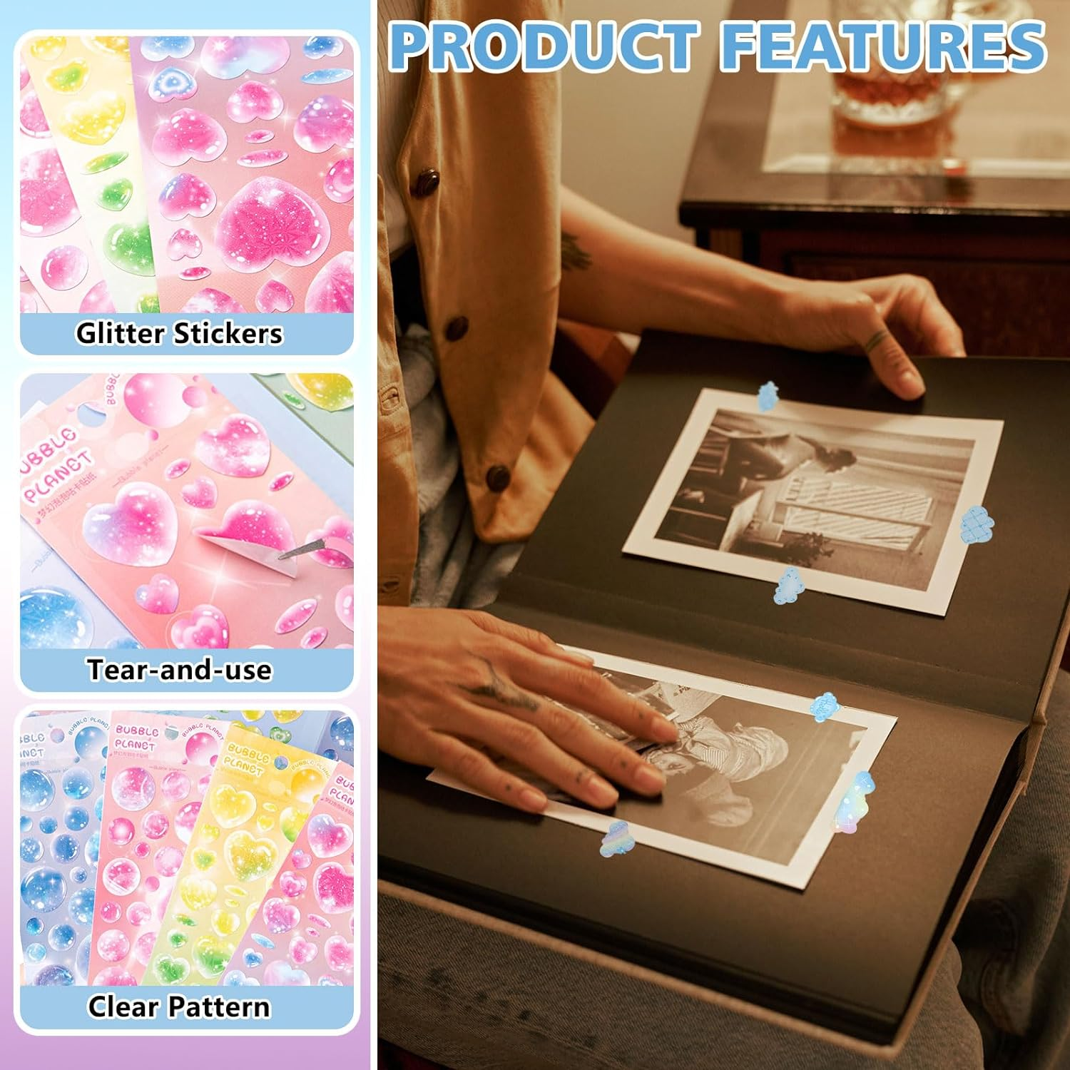 Bagentry 12 Sheets Colorful Deco Stickers, Self Adhesive Kpop Photocard Stickers, Cute Bubble Cloud Butterfly Craft Stickers for Scrapbook Journaling Binder Album Art DIY Cards image number 2