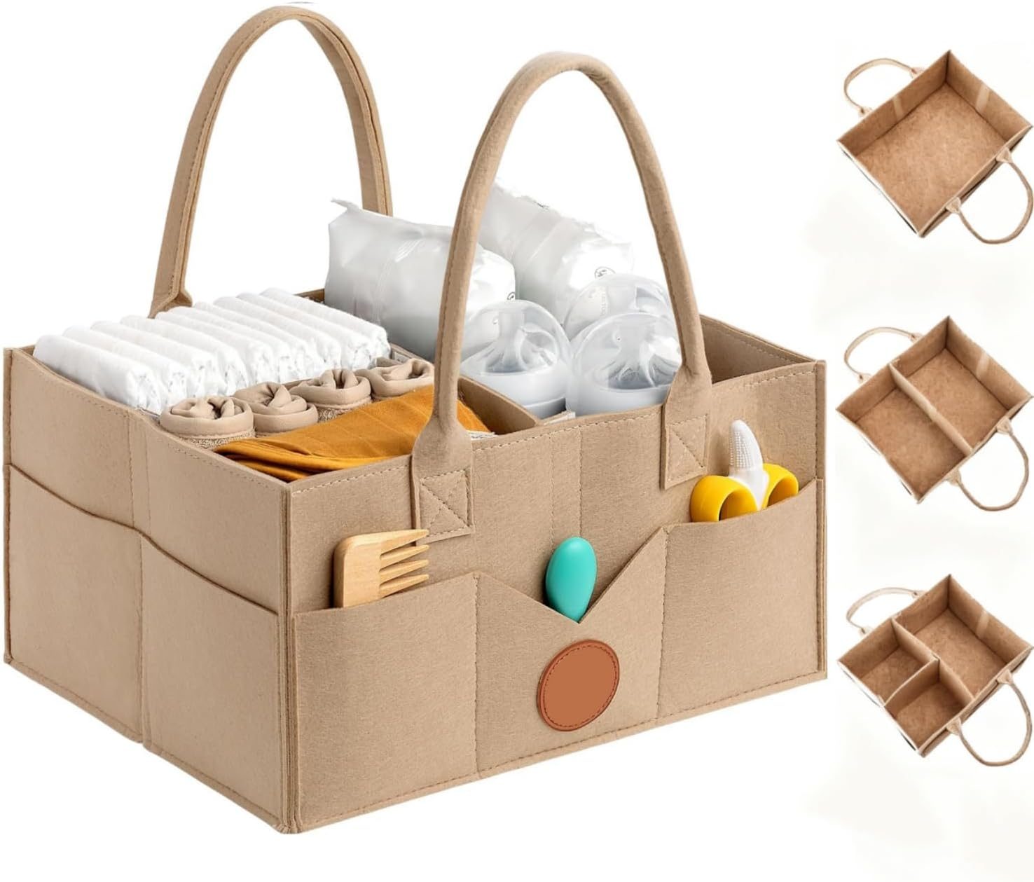 Baby Diaper Caddy Organizer, Nappy Caddy Organiser, Felt Cloth Multi Pocket Storage Bin Basket with Handle for Indoor Outdoor (Grey)