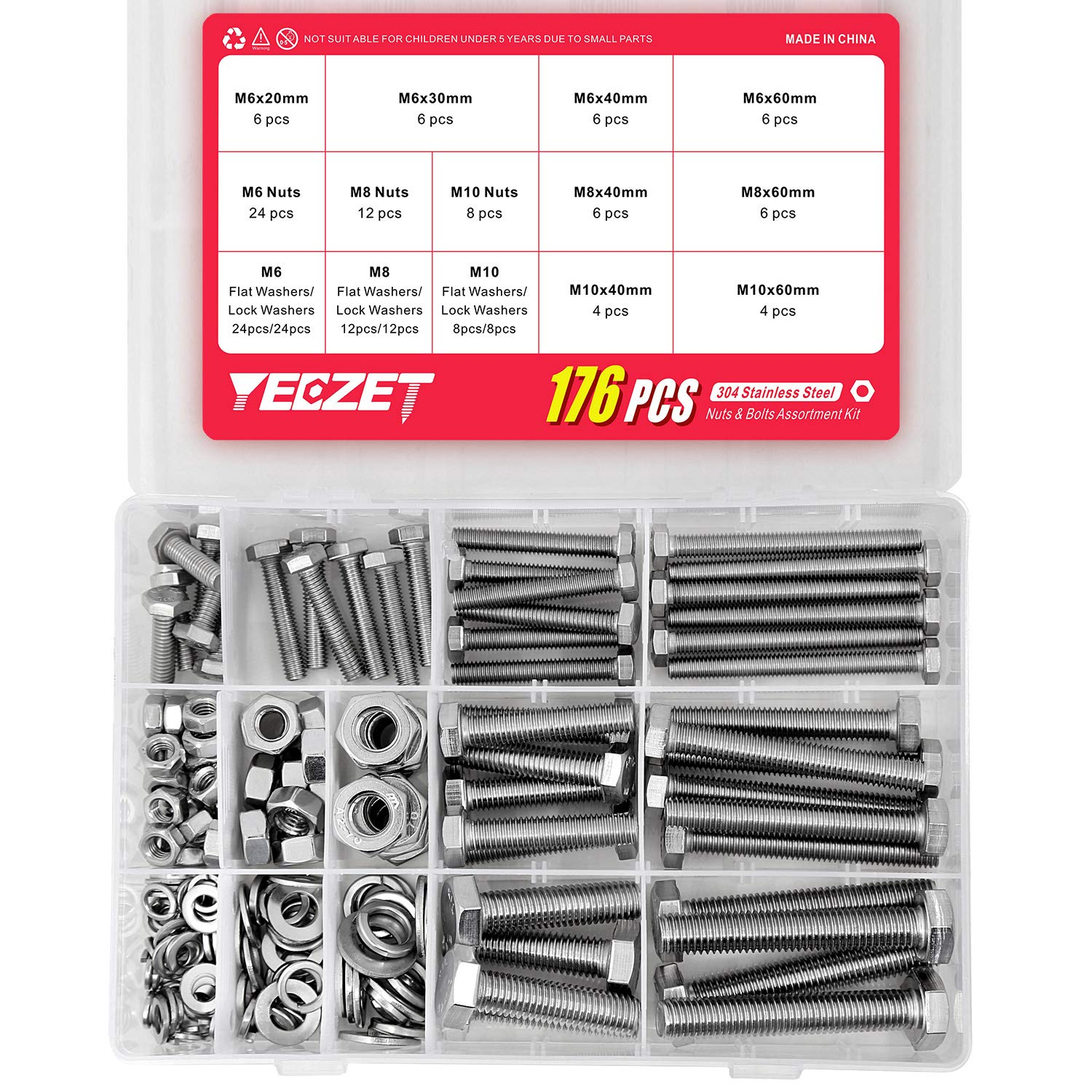 YEEZET 176PCS M6 M8 M10 Heavy Duty Bolts and Nuts Assortment Kit, 304 Stainless Steel, Includes 8 Most Common Sizes image number 4