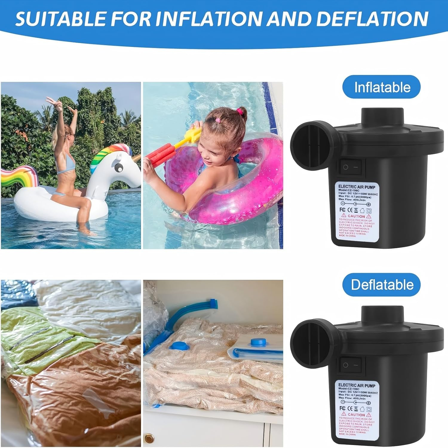 Electric Air Pump for Inflatables + 3 Nozzles, Perfect Home Inflator/Deflator Pumps Portable Quick-Fill, Ideal for Air Mattress Balloon Pump Swimming Rings Inflatable Boat Pool Floats Raft Sofa Kayak image number 1