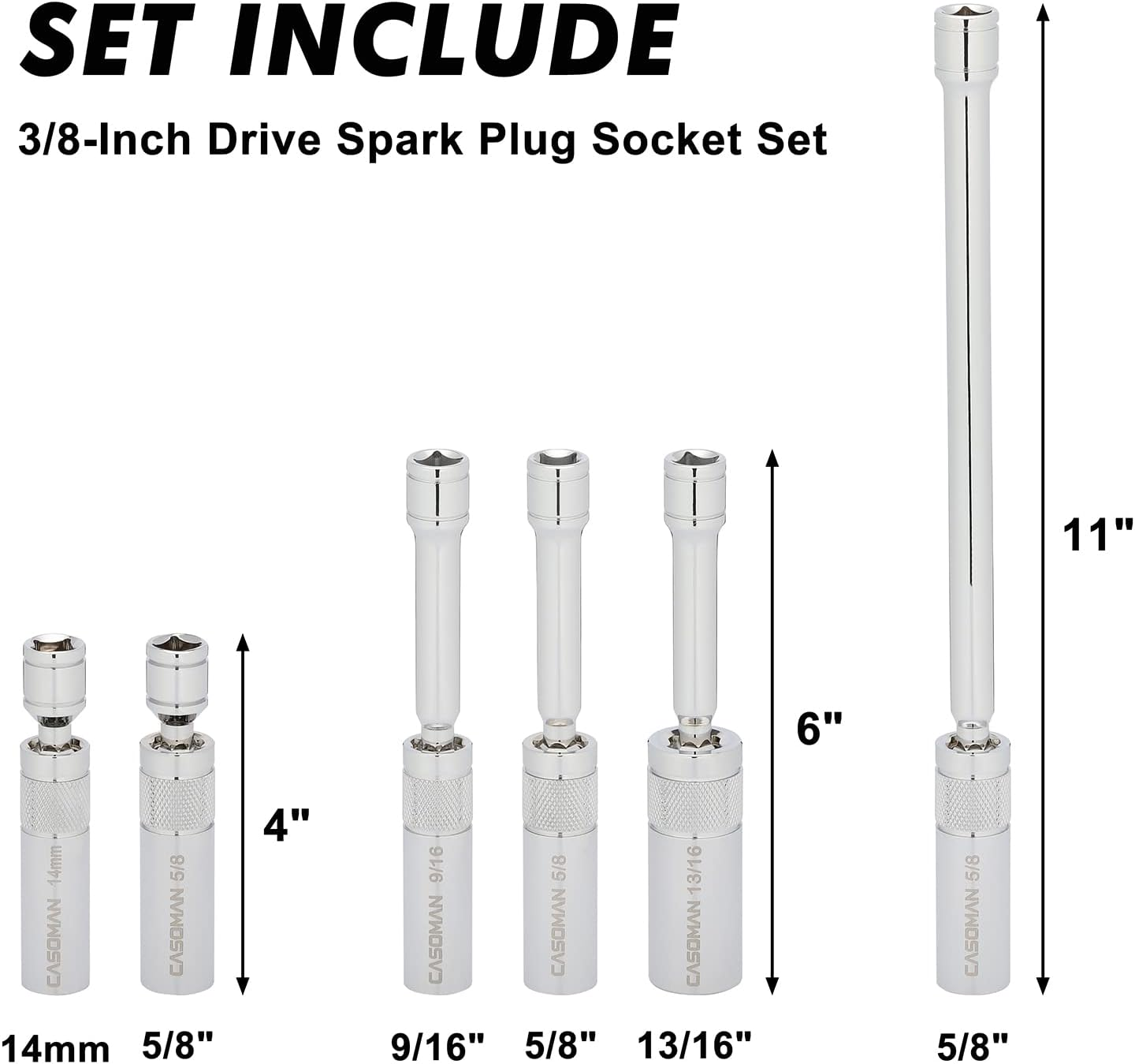 CASOMAN 6PCS 3/8-Inch Drive Magnetic Swivel Spark Plug Socket Set, Include 9/16-Inch, 5/8-Inch, 13/16-Inch, 14Mm Socket, Length: 4-Inch, 6-Inch, 11-Inch, 12-Point, CR-V image number 3