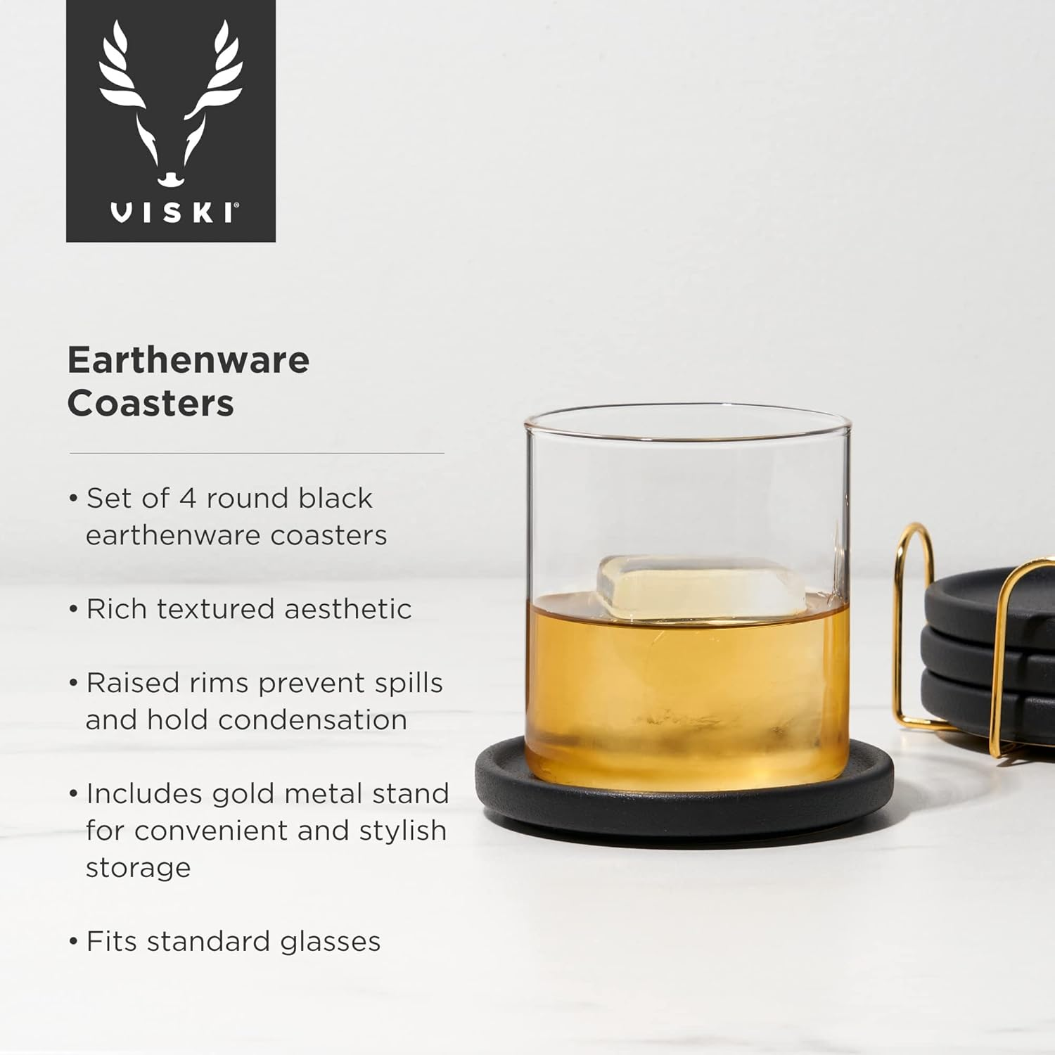Viski Earthenware Coasters Set of 4 - Ceramic Drink Coasters - Outdoor Coasters for Drinks - Unique Coasters with Gold Stand Black image number 1