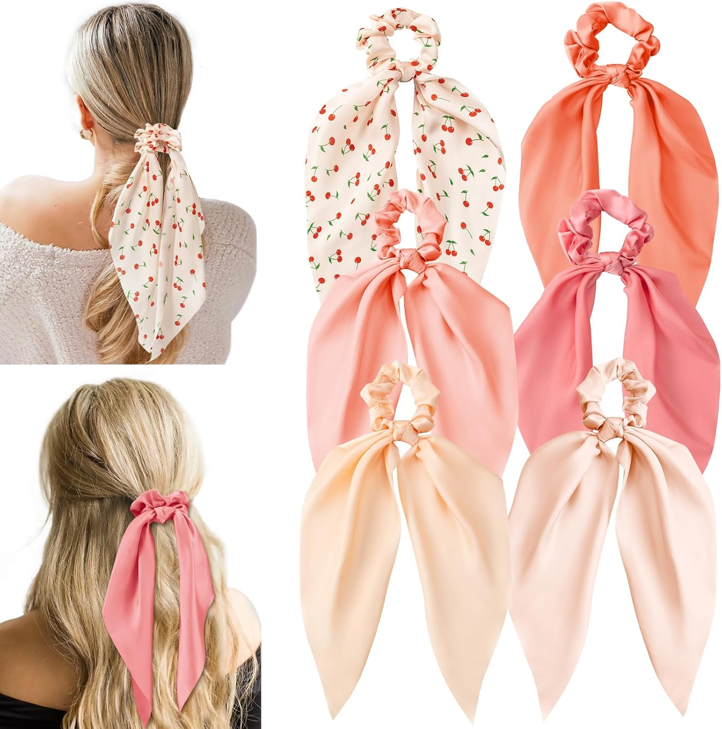 6 PCS Bow Silk Scrunchies, Hair Ties with Bows, Hair Scrunchies for Women Girls, Knotted Bows Silk Hair Ties, Satin Hair Ribbon Elastic Hair Tie, Valentine'S Day Gifts