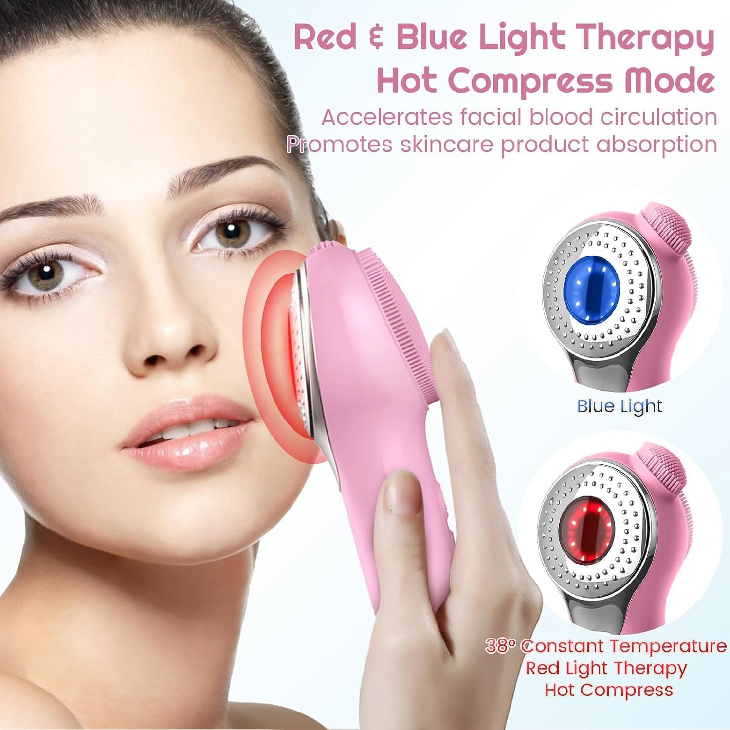 Facial Cleansing Brush Face Scrubber, Red Light / Blue Light Electric Face Scrubber with Nose Scrubber for Women/Men, Silicone Face Scrubber Exfoliator Thermal Massage, Waterproof Sonic Facial Cleansing Brush (Pink) - Pink image number 5