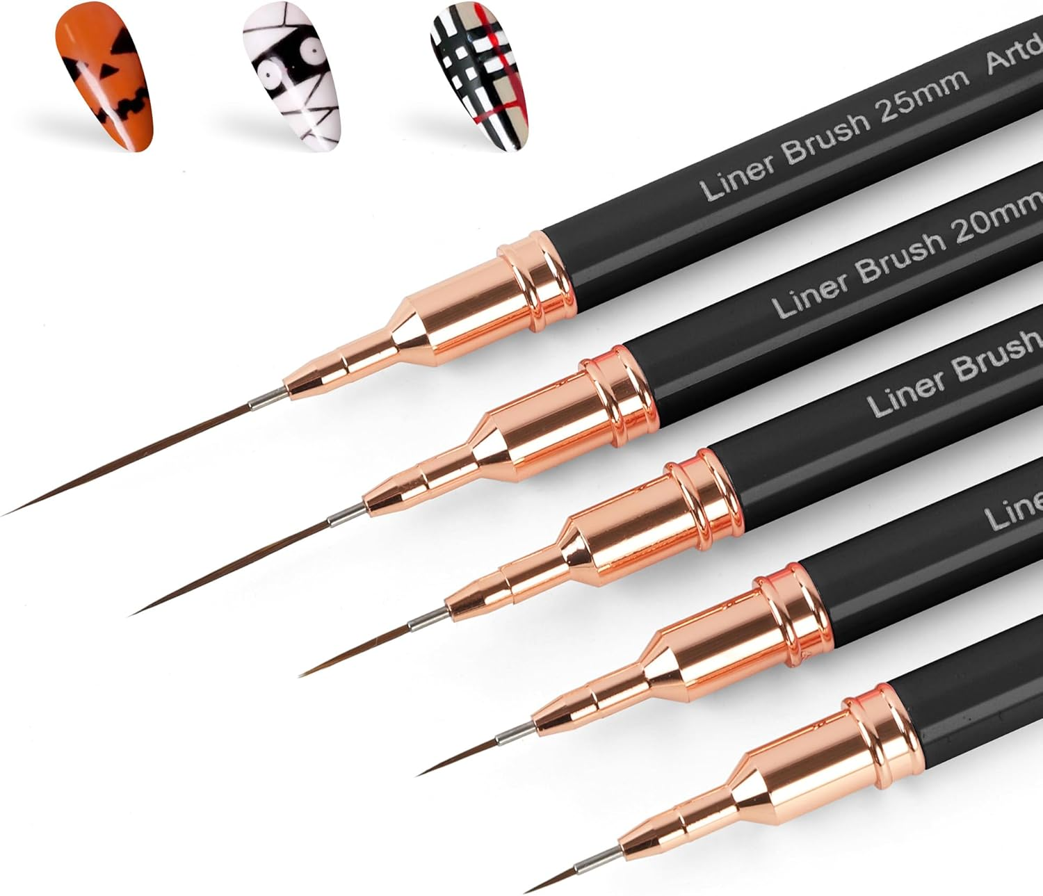 Artdone Metallic Nail Art Pens, Liner Brushes Set, 5PCS Copper Color Nail Tools for Long Lines, Thin Details, Fine Drawing, Liner Brush UV Gel Polish Painting Nail Design Sizes 5/8/12/20/25Mm
