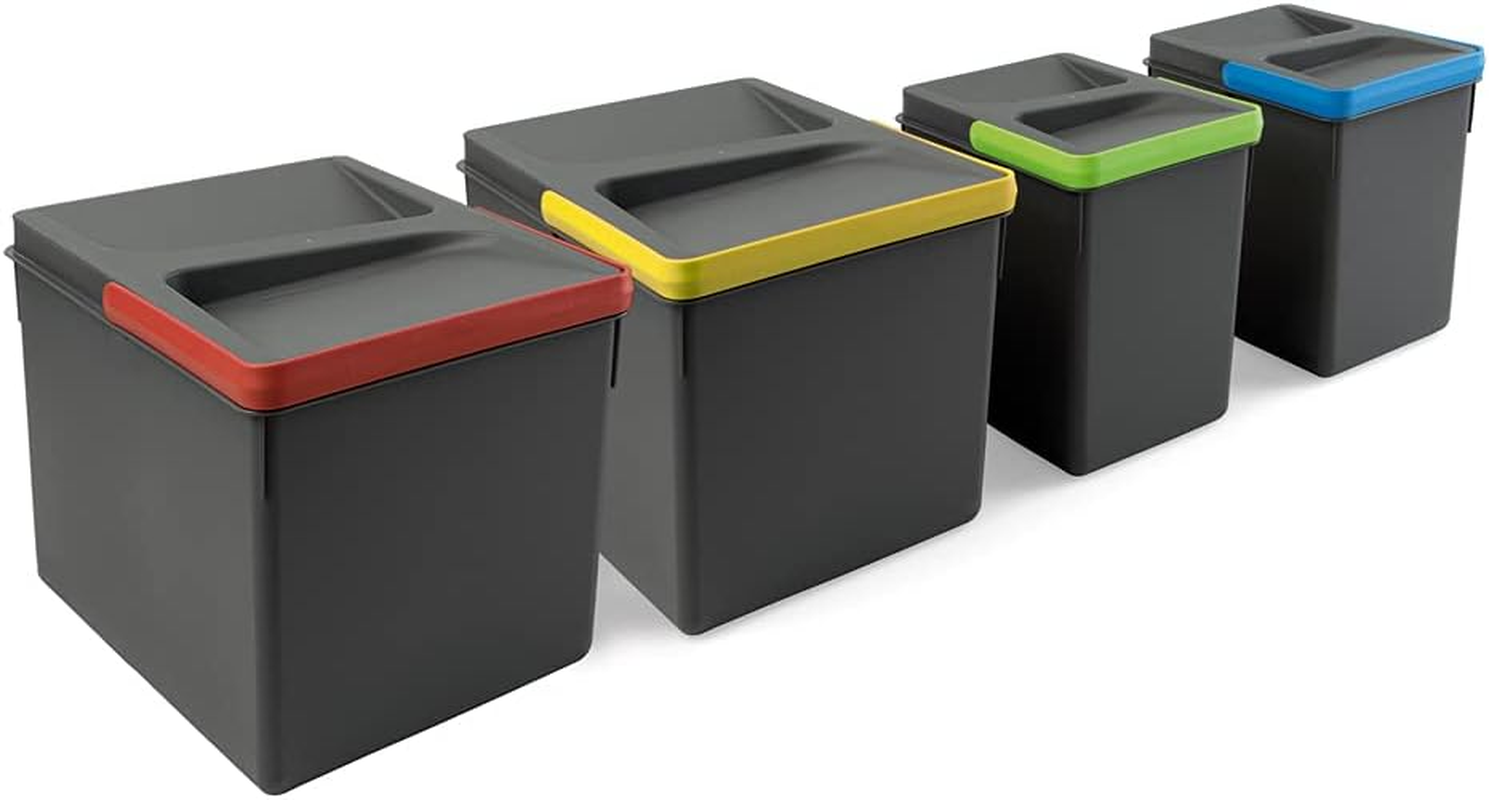 Emuca - Recycle Containers for Kitchen Drawers, Height 216, 2X12L + 2X6L, Anthracite Grey Plastic, Plastic image number 1