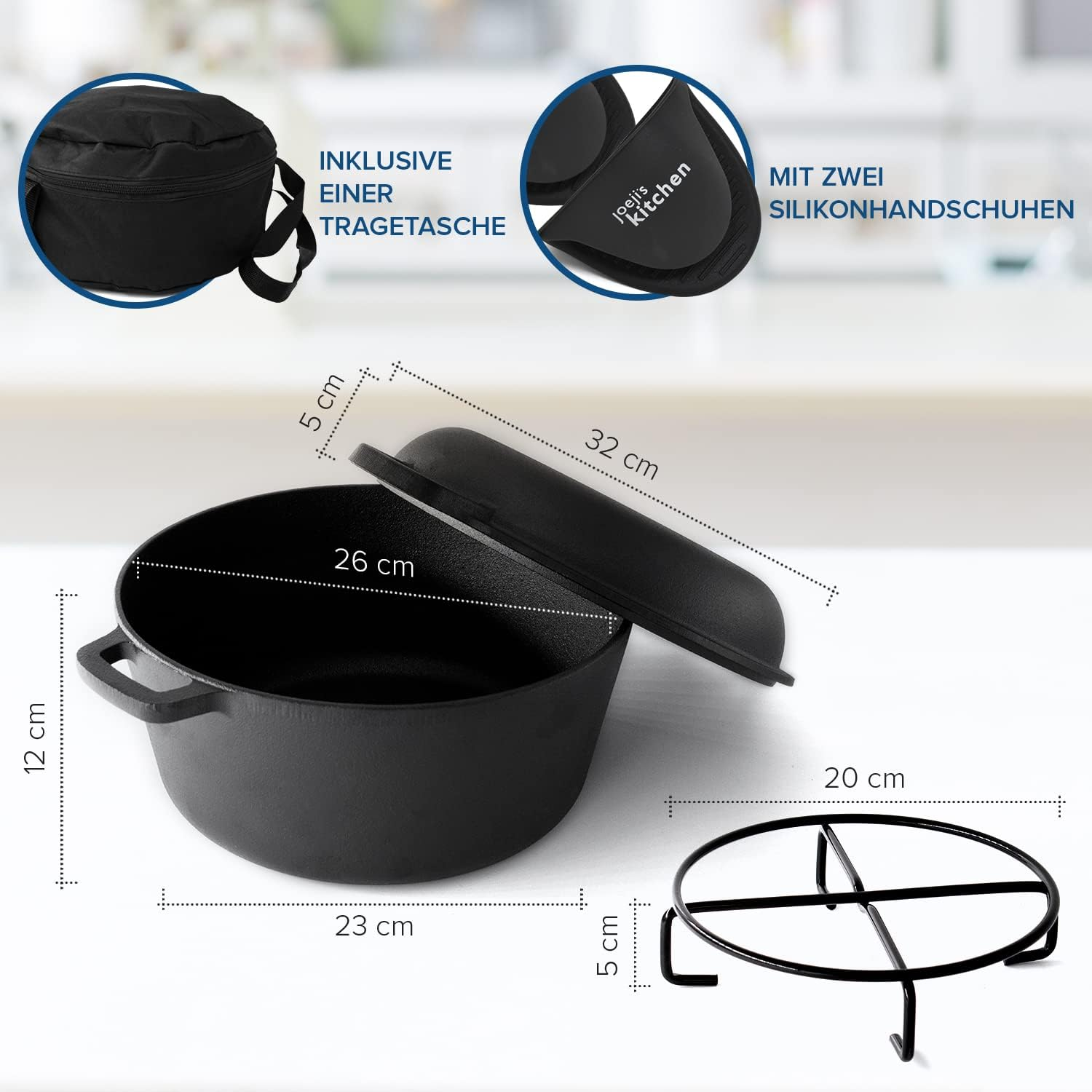 Joeji'S Kitchen Dutch Oven 4.7L Pre-Seasoned Cast Iron Pot with 1.75L Multiuse Lid Suitable for Oven & All Hob Types - 2 in 1 Cast Iron Dutch Oven Pot for Bread Making Braising Meat Simmering Stew & More