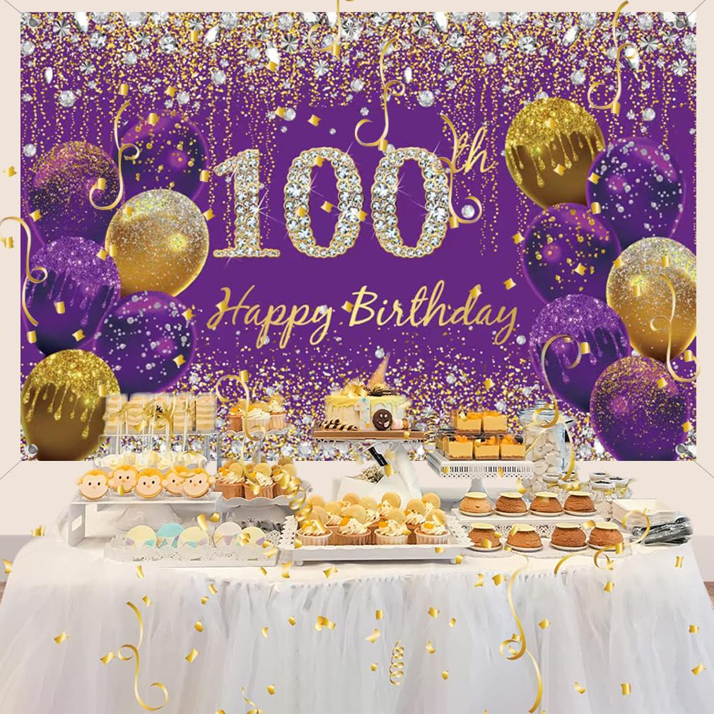 100Th Birthday Decoration Women, Purple Fabric Sign Poster Birthda Y Party Decoration, 100'Th B Irthday Background Banner Women, 100T H Birth Day Party Decoration, 59"X35.4" image number 3