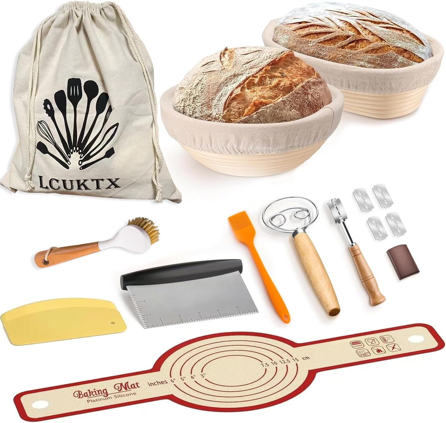 Banneton Basket Set, Complete Sourdough Baking Kit with 9'' round and 10'' Oval Proofing Bowls Bread Baskets, Sling, and Other Bread Making Supplies Tools - Sourdough Starter Kit image number 5