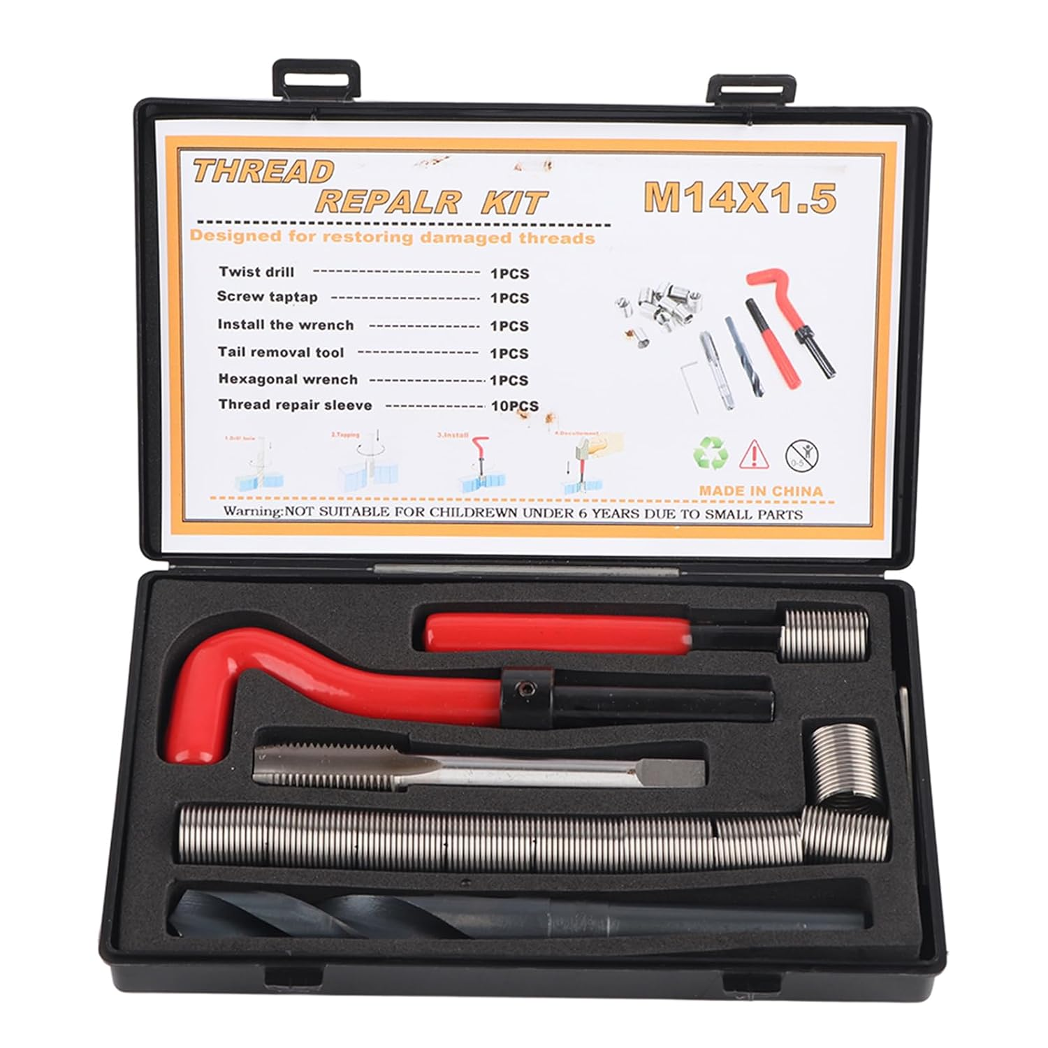 Thread Repair Tool Kit M14X1.5 15 Pcs Stainless Steel Female Thread Inserts, for Threaded Hole, Repair of Automotive Parts, Air Separation Equipment, Radiators image number 6