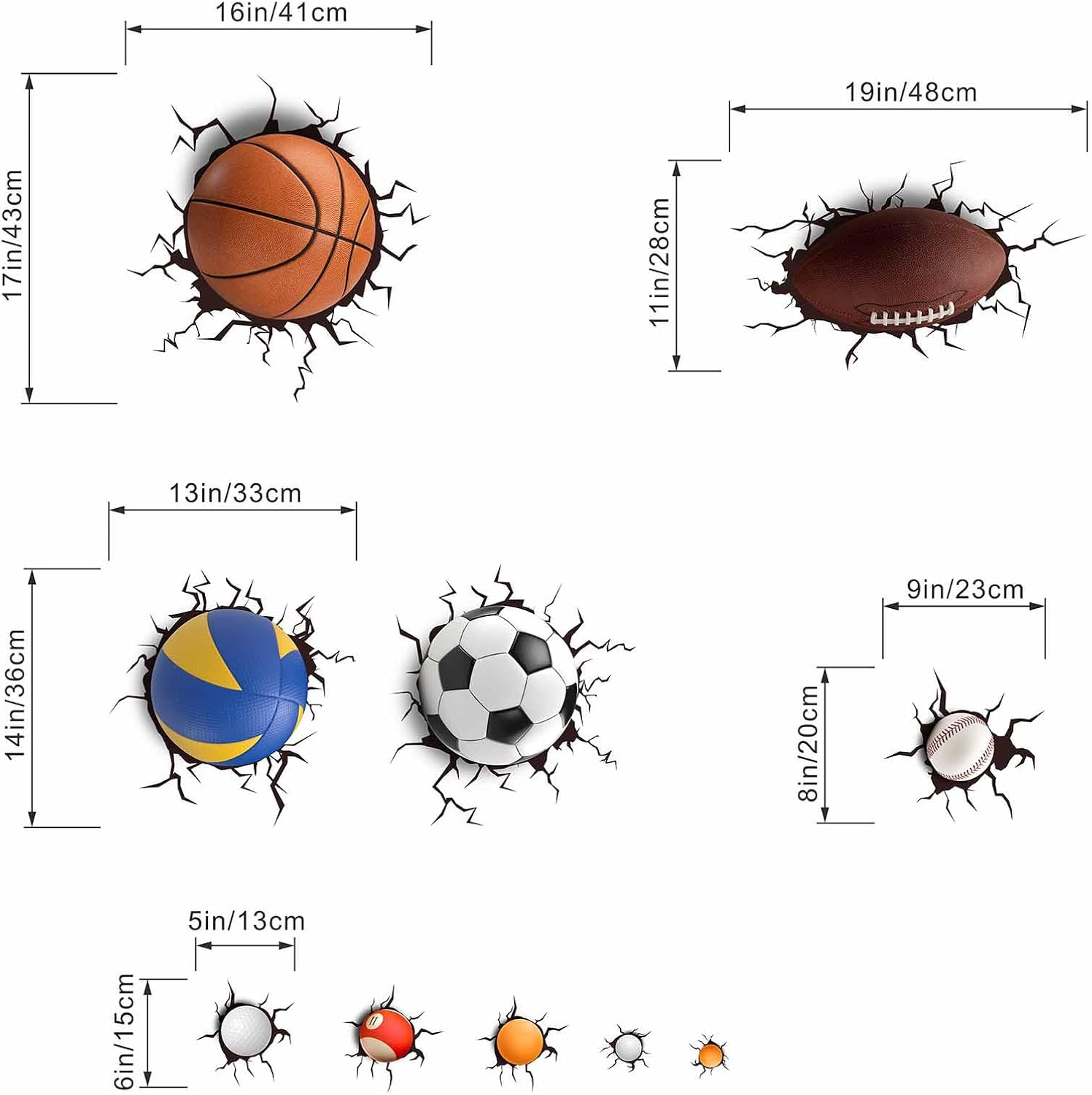 Amimagen Basketball Football through the Wall Sports Wall Decals - Kids Baby Boys Wall Stickers - Nursery Playroom Classroom Daycare Game Room Bedroom Home Wall Decor image number 3