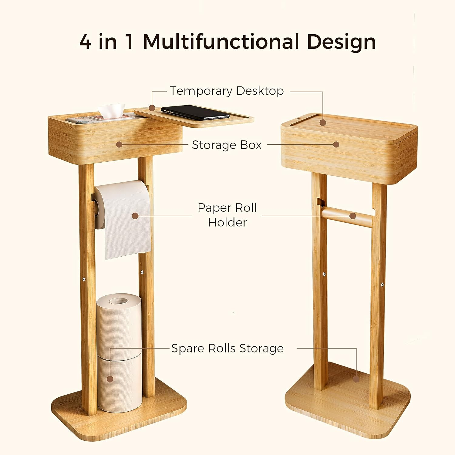 Wealone 4-In-1 Toilet Paper Holder Stand with Storage Shelf Box, 360&deg; Rotating Bamboo Free Standing Toilet Tissue Roll, Toilet Wipes Dispenser Organizer Desktop for Bathroom Decor (Patented) image number 5