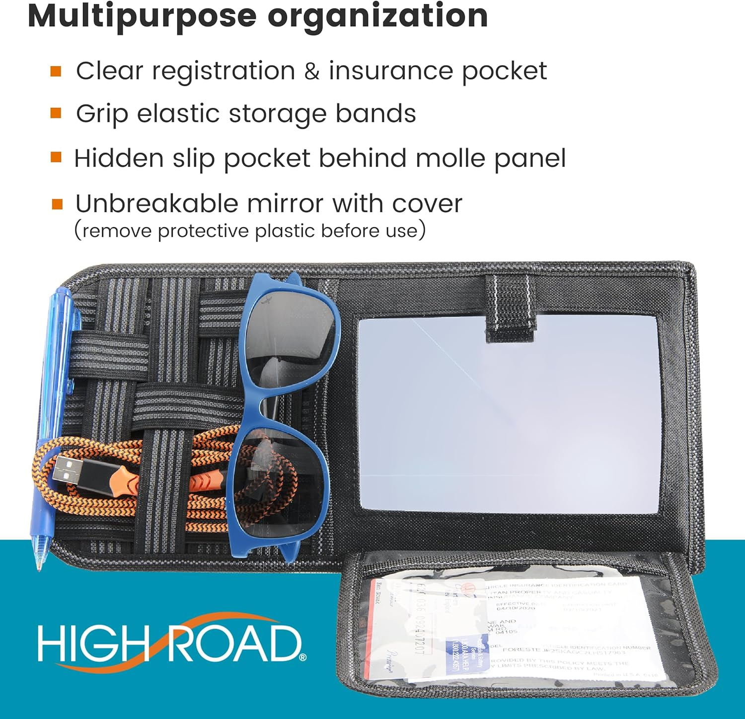 High Road Car Sun Visor Organizer with Hidden Insurance and Registration Pocket, Unbreakable Mirror and Molle Storage Panel for Sunglasses and Driving Essentials image number 2