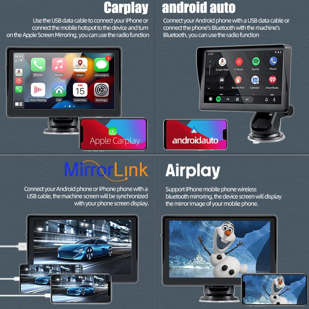 Portable Wireless Apple Carplayer & Android Auto 7 Inch Car Monitor Radio for All Cars Dashboard Mounted Car Stereo Support Bluetooth 5.0 Mirror Link FM Transmitter USB TF Rear View Camera image number 6