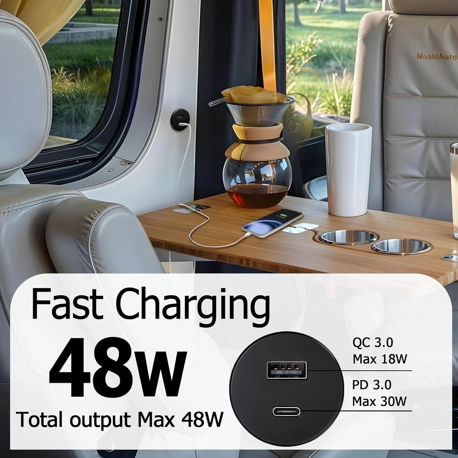 USB Socket 12V Aluminum, Dual Port 18W QC3.0 USB-A & 30W PD3.0 USB-C for RV Camper Van Caravan Boat Trailer Truck Car Yacht image number 4