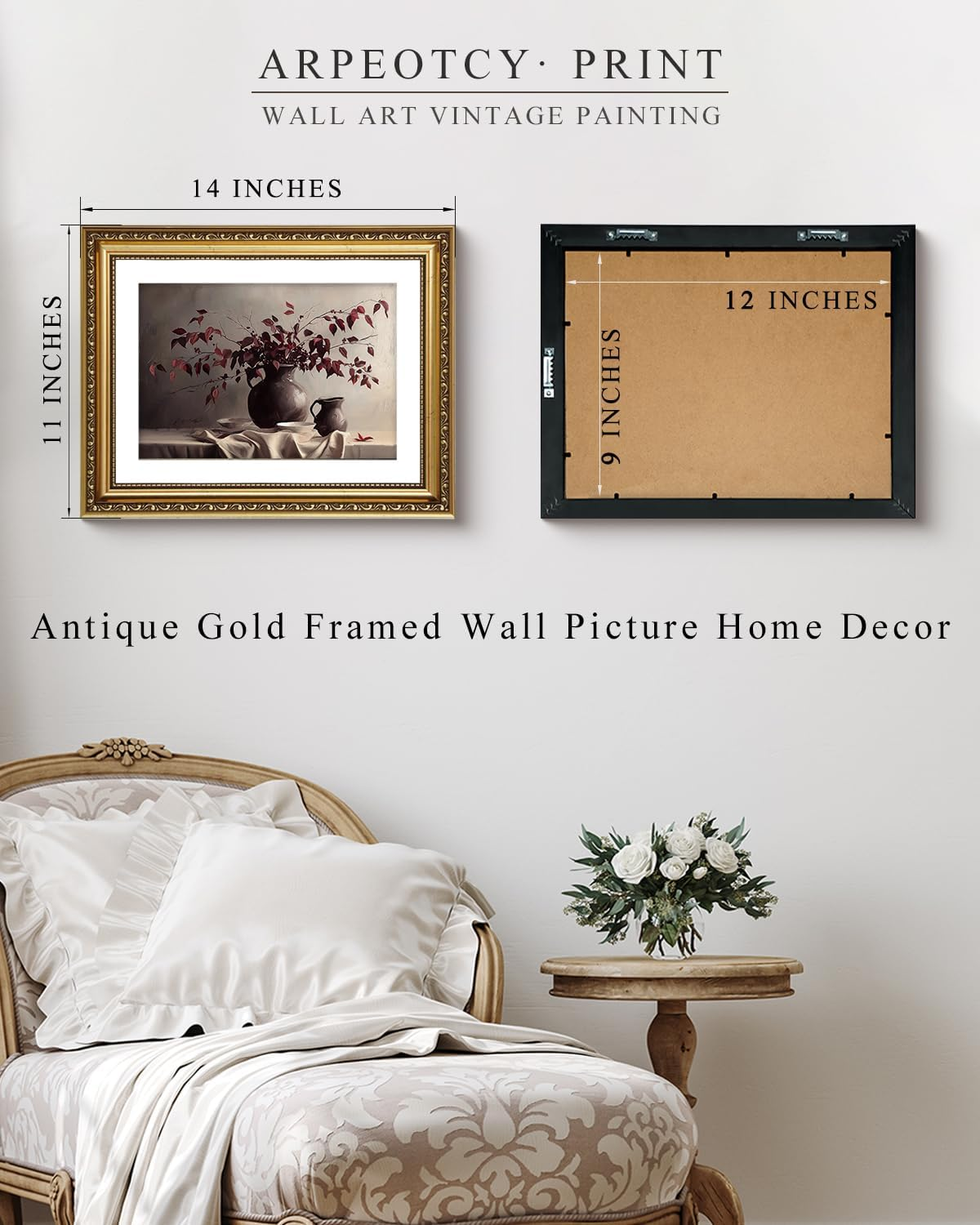 ARPEOTCY Vintage Gold Framed Wall Art Decor, 11X14 Inch Vase Still Life Painting Artwork, Classical Canvas Wall Art for Living Room Bedroom, Antique Farmhouse Kitchen Decor image number 6