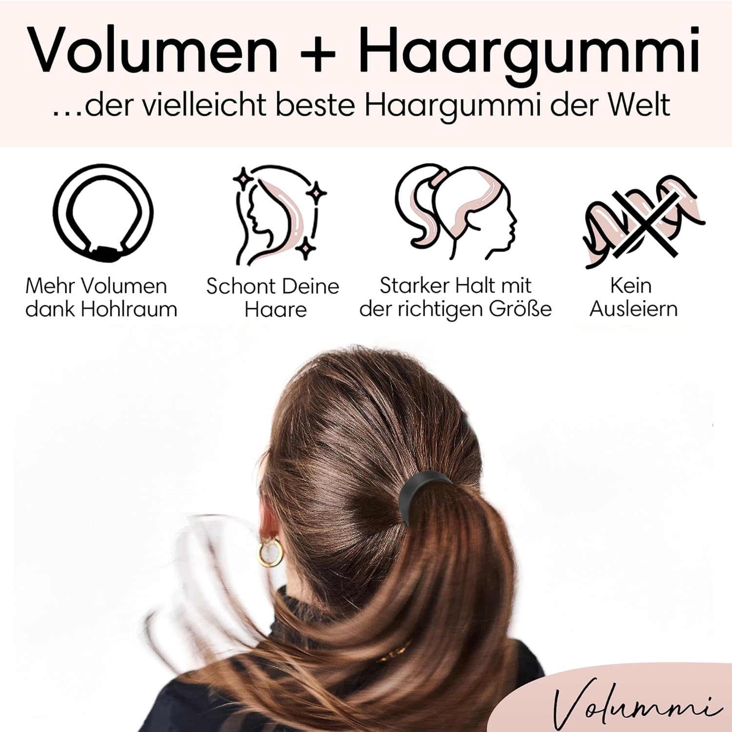 Volummi Black Hair Scrunchie - Innovative Ponytail Scrunchie for Visibly More Volume - Strong Hold & Gentle on Hair - the Original Made in Germany [True Black S for Thin Hair]