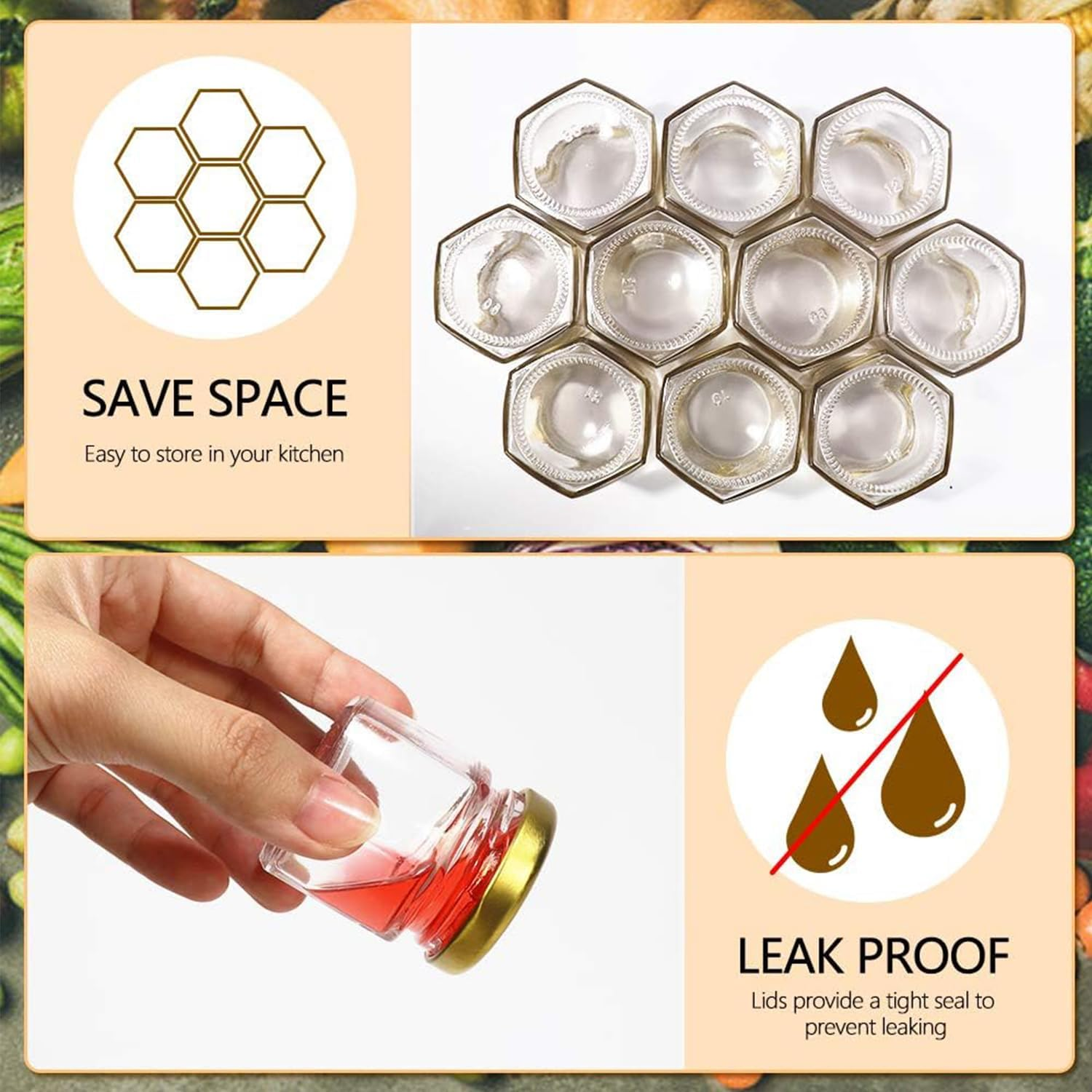 PARTY BESTBUY 10PCS Hexagon Glass Honey Jars, 1.5Oz/45Ml Mini Glass Jars with Lids, Mini Candy Jars with Gold Lids, Clear Storage Canning Jar for Candle Making,Spices,Baby Shower,Wedding,Party Favors image number 4