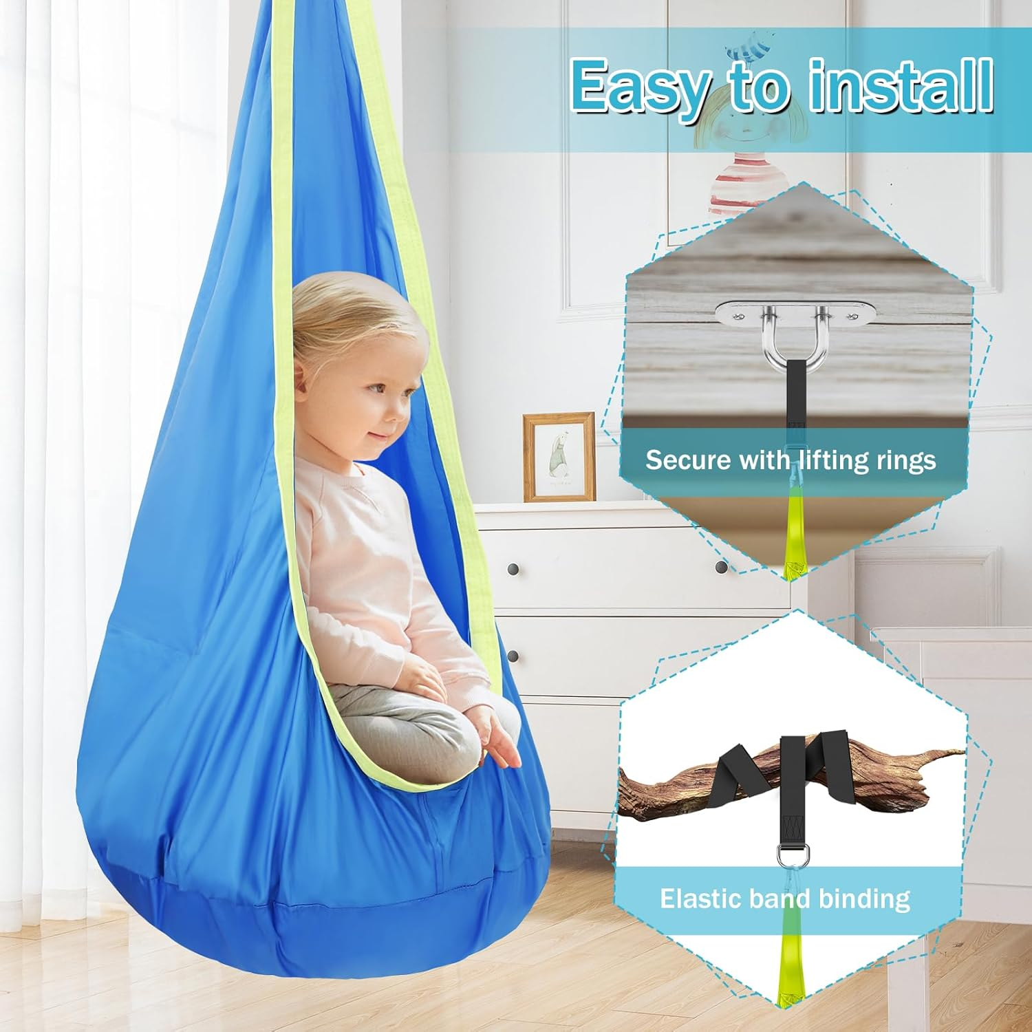 Kids Pod Swing Seat, Portable Hammock Sensory Chair Swing, with Inflatable Pillow Hanging Hammock Chair, with Pocket Max 80 Kg, for Indoor Outdoor Use Kids, for Backyard Playground Indoor Outdoor image number 2