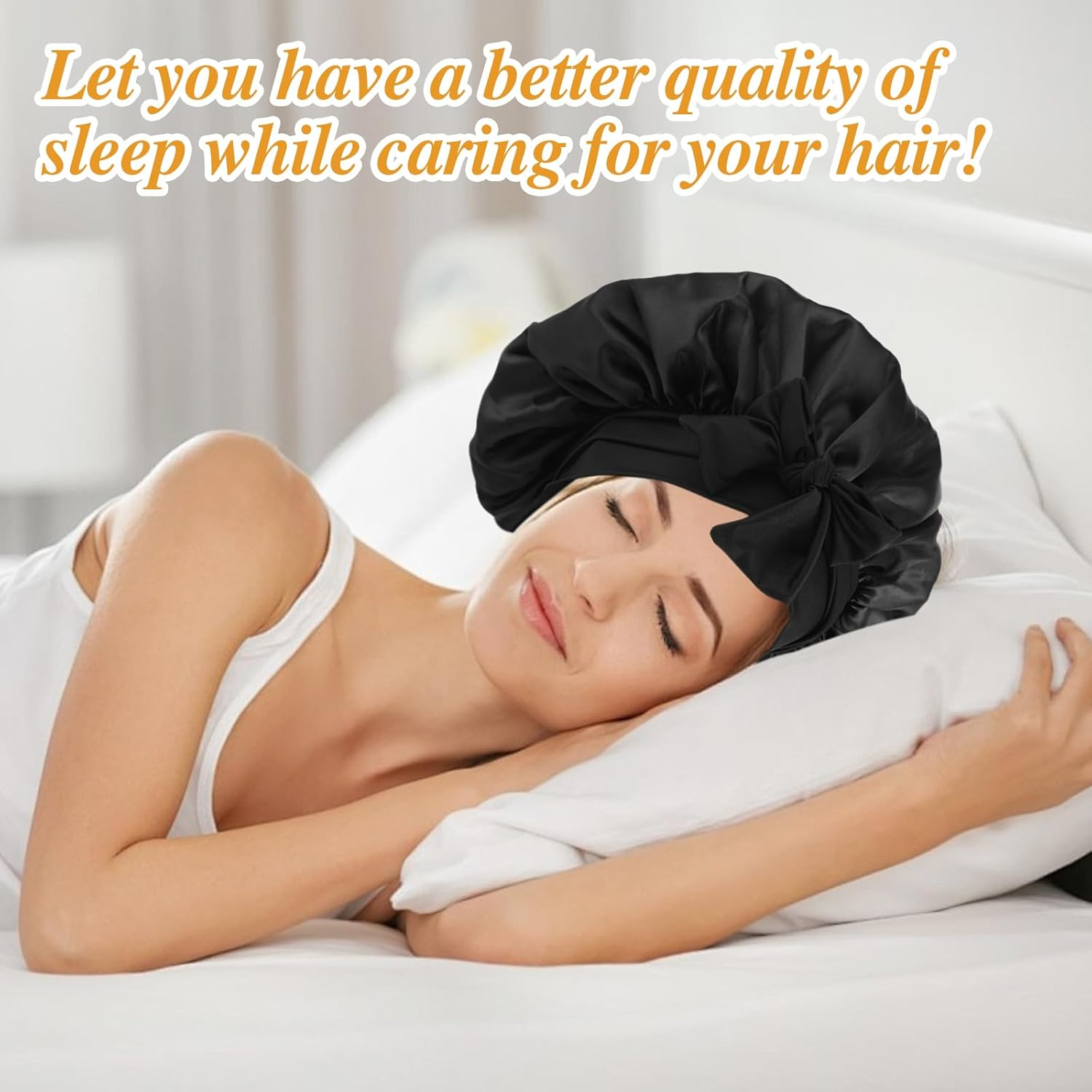 Bonnet Sleep Cap for the Night, Sleep Cap Hair with 3 Hair Elastics, Silk Sleep Cap with Elastic Band, Silk Hood for Sleeping Long Hair, Sleep Cap Silk Bonnet for Night Everyday (Black) image number 5