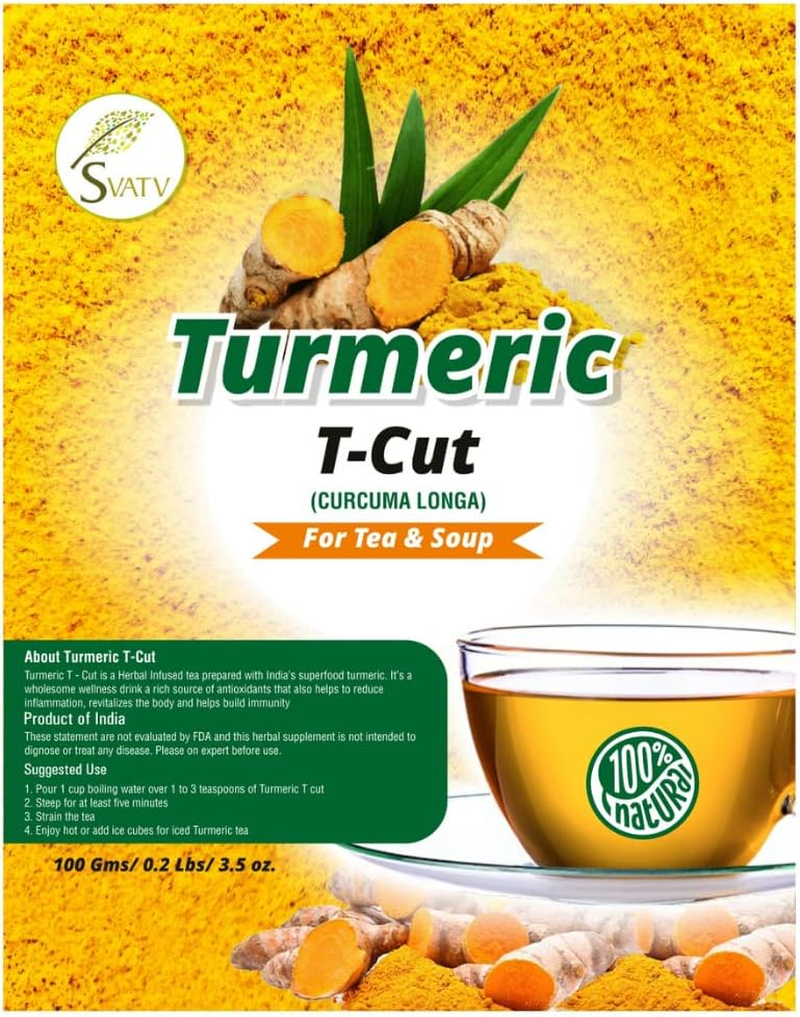 SVATV Turmeric Root T Cut | Wild Turmeric Root (Curcuma Longa) | for Tea and Soup | Golden Milk | Get Radiant Skin - 100G, 3.52 Oz, 0.22 Lbs