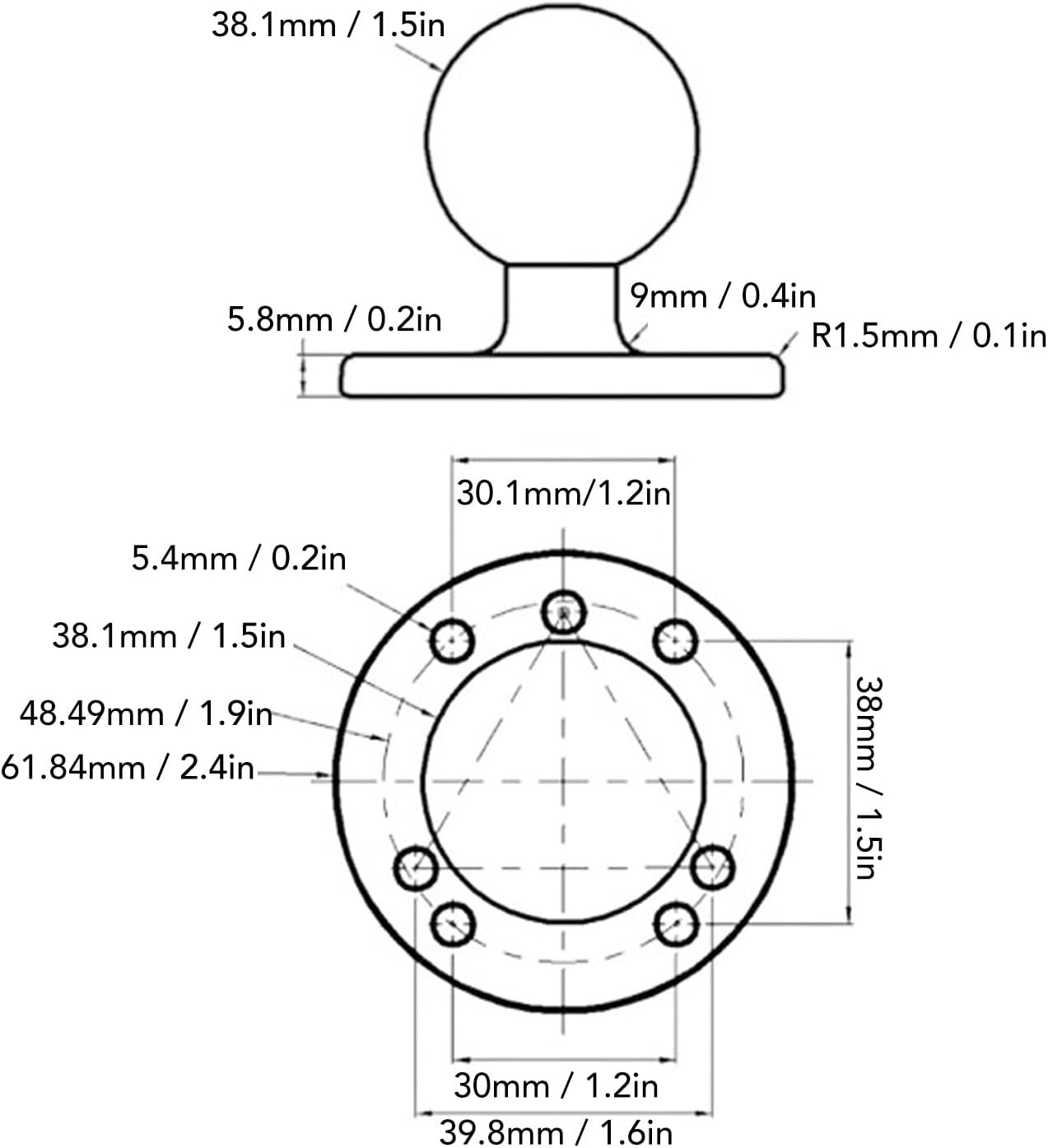 1.5 Inch Ball Mount with round AMPS Hole Plate Aluminium Alloy for RAM Mounts C Ball Double Base Arm image number 6