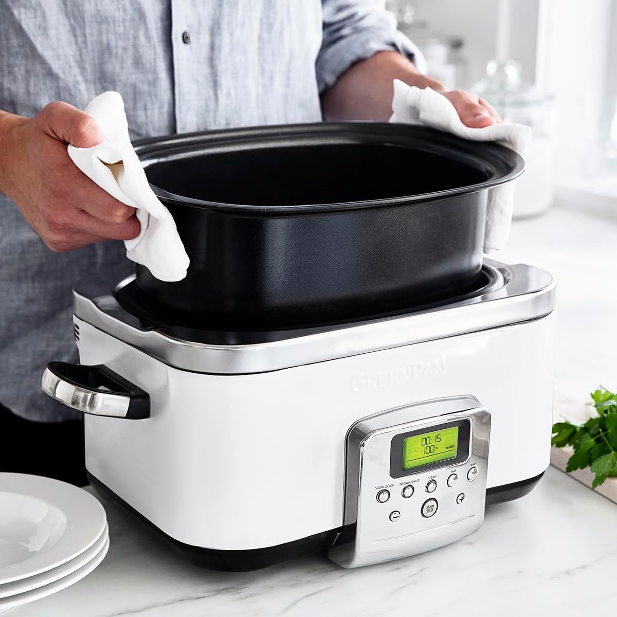 Greenpan Slow Cooker Cloud Cream, 6L Dishwasher Safe Pot, Vibrant LCD Display, Easy One-Touch Presets, One-Step Browing, Extra-Tough Exterior, Countertop Friendly